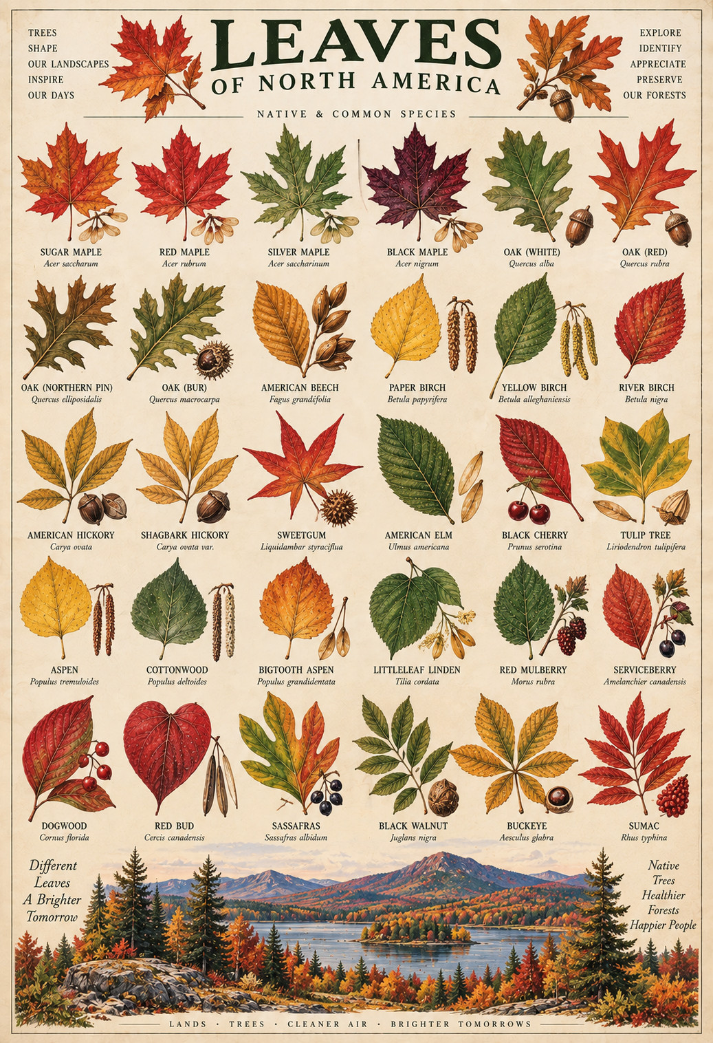 Leaves of North America Vintage Botanical Identification Chart Poster 13x19