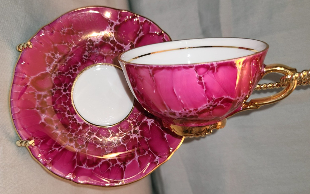 Vtg Tirschenreuth demitasse cup & saucer, pink abstract floral w gilt trim Vtg Tirschenreuth demitasse cup & saucer, pink abstract floral w gilt trim