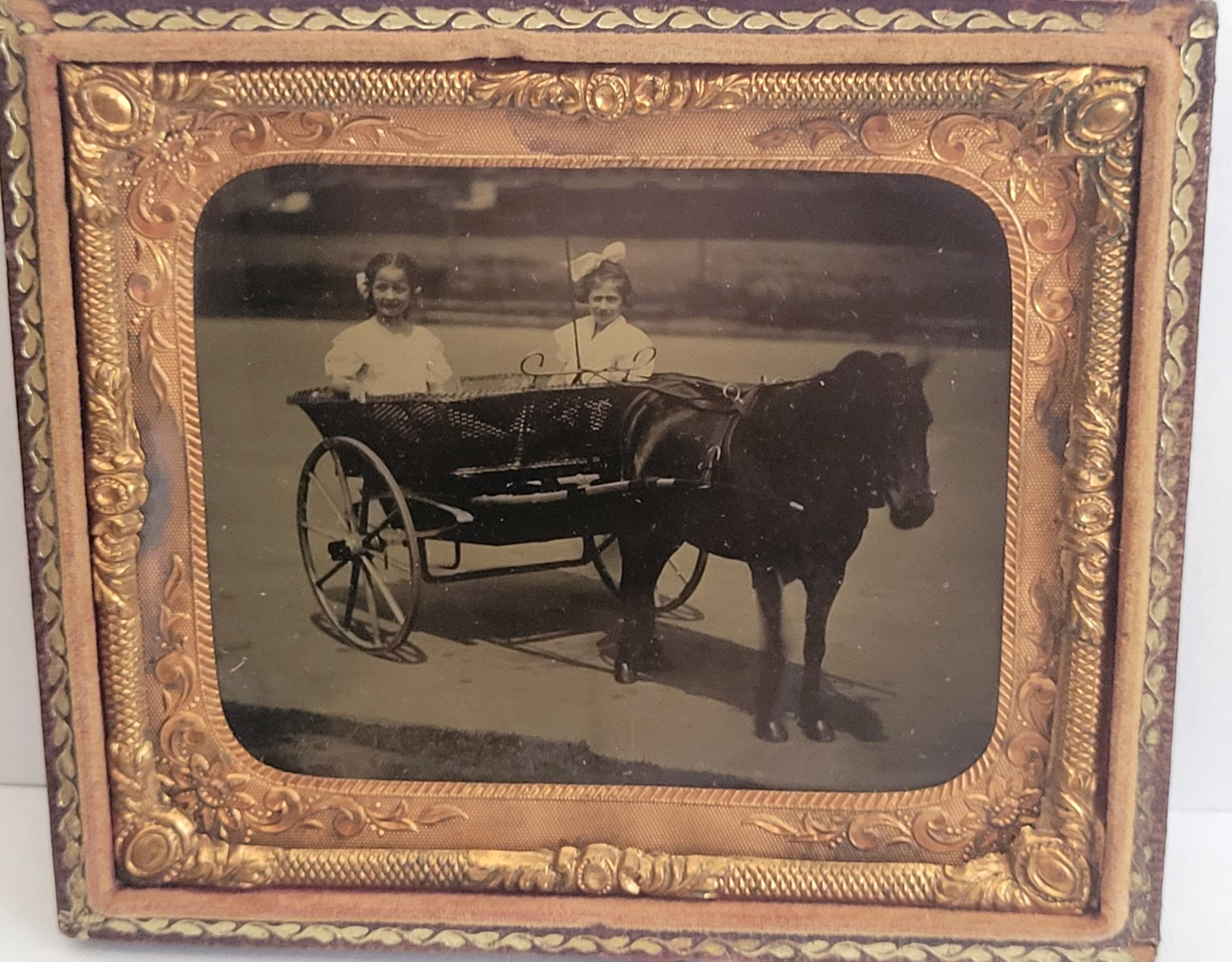 VICTORIAN TINTYPE NOT DAGUERREOTYPE TWO CUTE HAPPY GIRLS IN WAGON PULLED BY PONY VICTORIAN TINTYPE NOT DAGUERREOTYPE TWO CUTE HAPPY GIRLS IN WAGON PULLED BY PONY