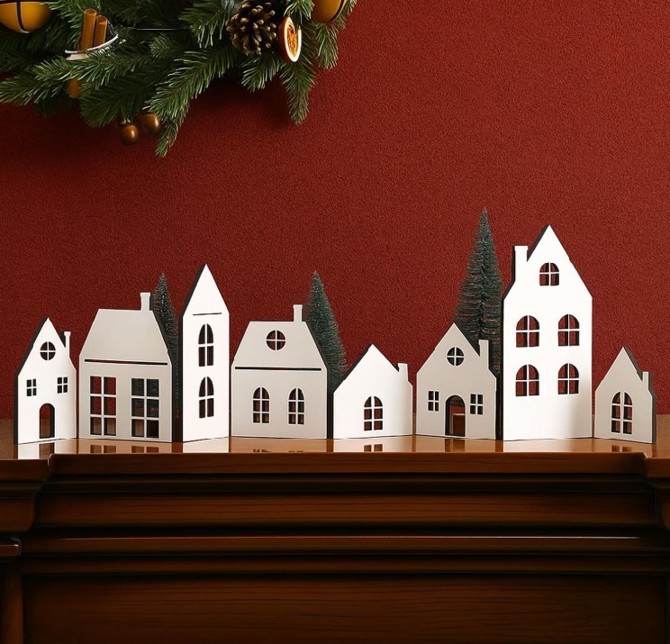 Wooden Christmas Village Houses Set for Christmas Home Decoration