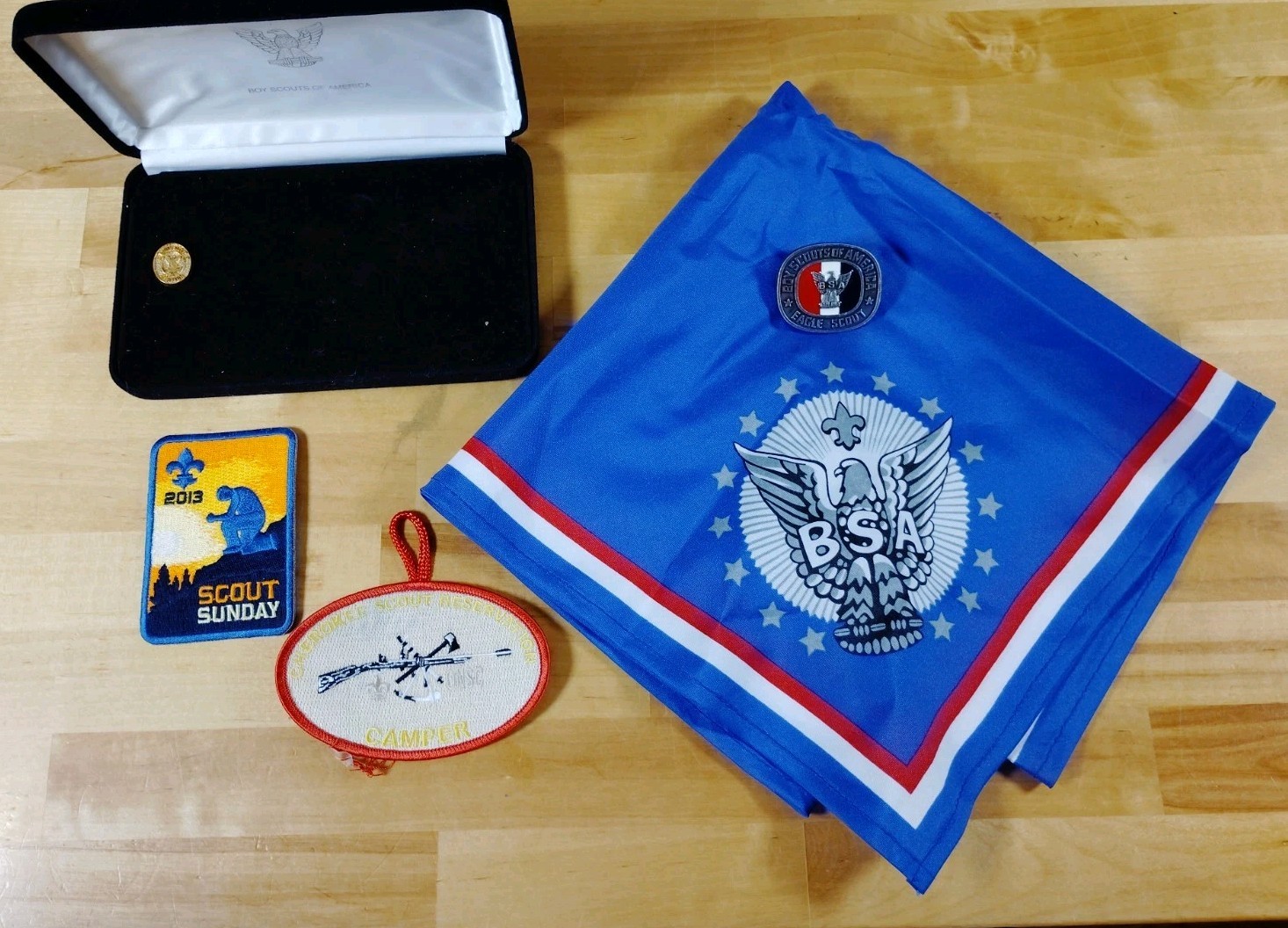 Boy Scouts of America BSA Eagle Scout Lot: Mentor Pin in Box, Neckerchief Boy Scouts of America BSA Eagle Scout Lot: Mentor Pin in Box, Neckerchief