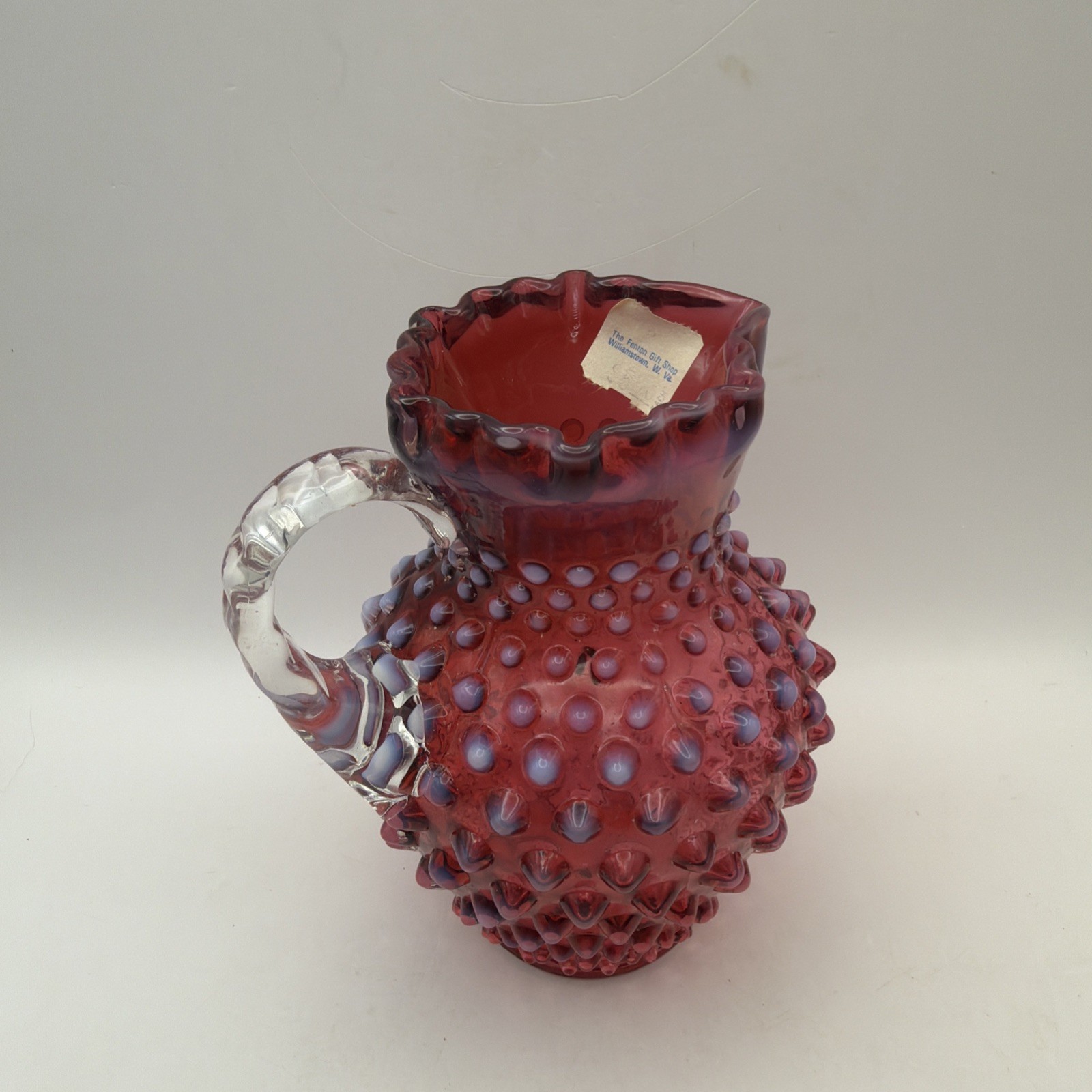 Fenton Pitcher Hobnail Pink Cranberry Opalescent 6” Clear Handle Orig Price TagB Fenton Pitcher Hobnail Pink Cranberry Opalescent 6” Clear Handle Orig Price TagB