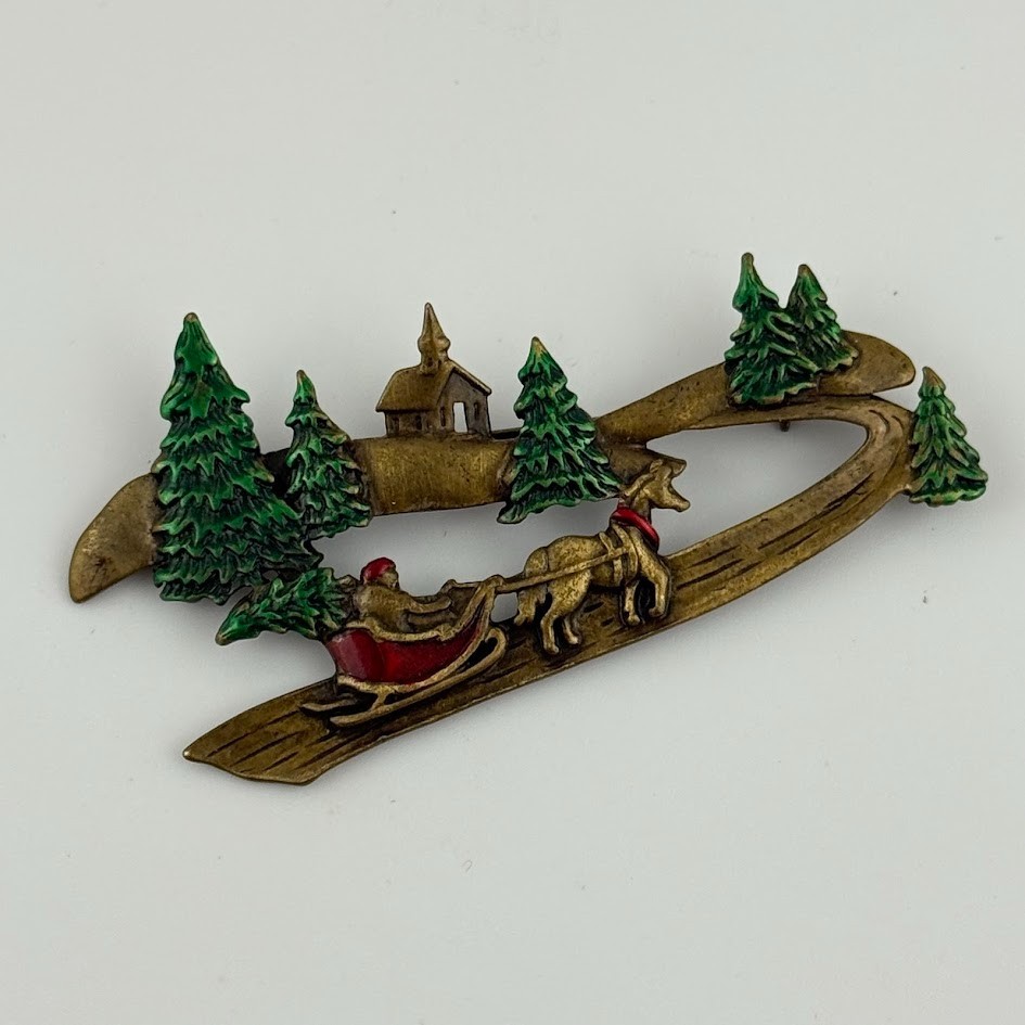JJ Jonette Brooch Pin Santa Sleigh Church Christmas Trees Brass Tone JJ Jonette Brooch Pin Santa Sleigh Church Christmas Trees Brass Tone