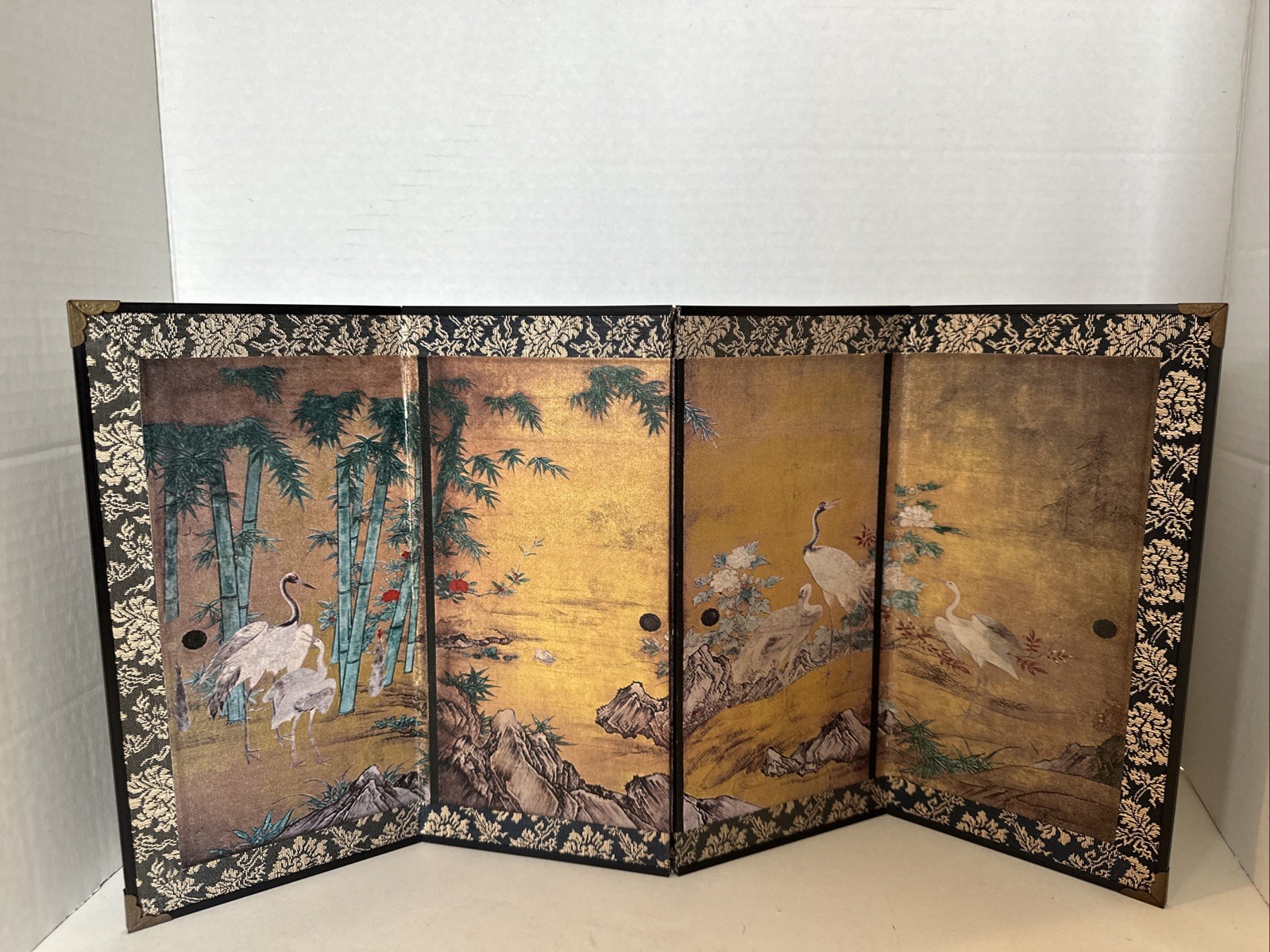 Vintage Gold Japanese Byobu - 4 Panel Screen Birds/Rocks /Greens Vintage Gold Japanese Byobu - 4 Panel Screen Birds/Rocks /Greens