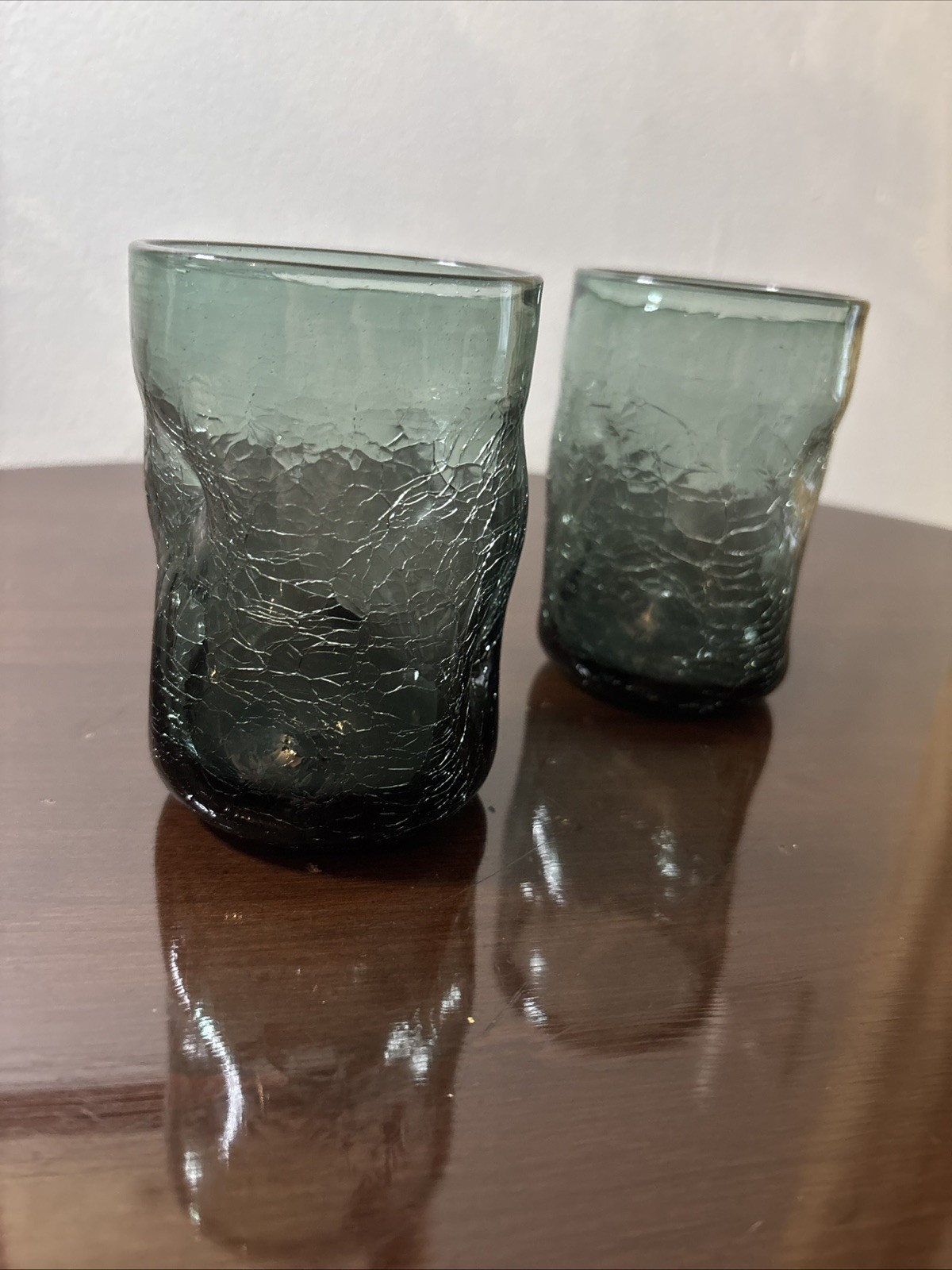 2- vintage Bischoff Glass tumblers - crackle pinched hand blown green 2- vintage Bischoff Glass tumblers - crackle pinched hand blown green