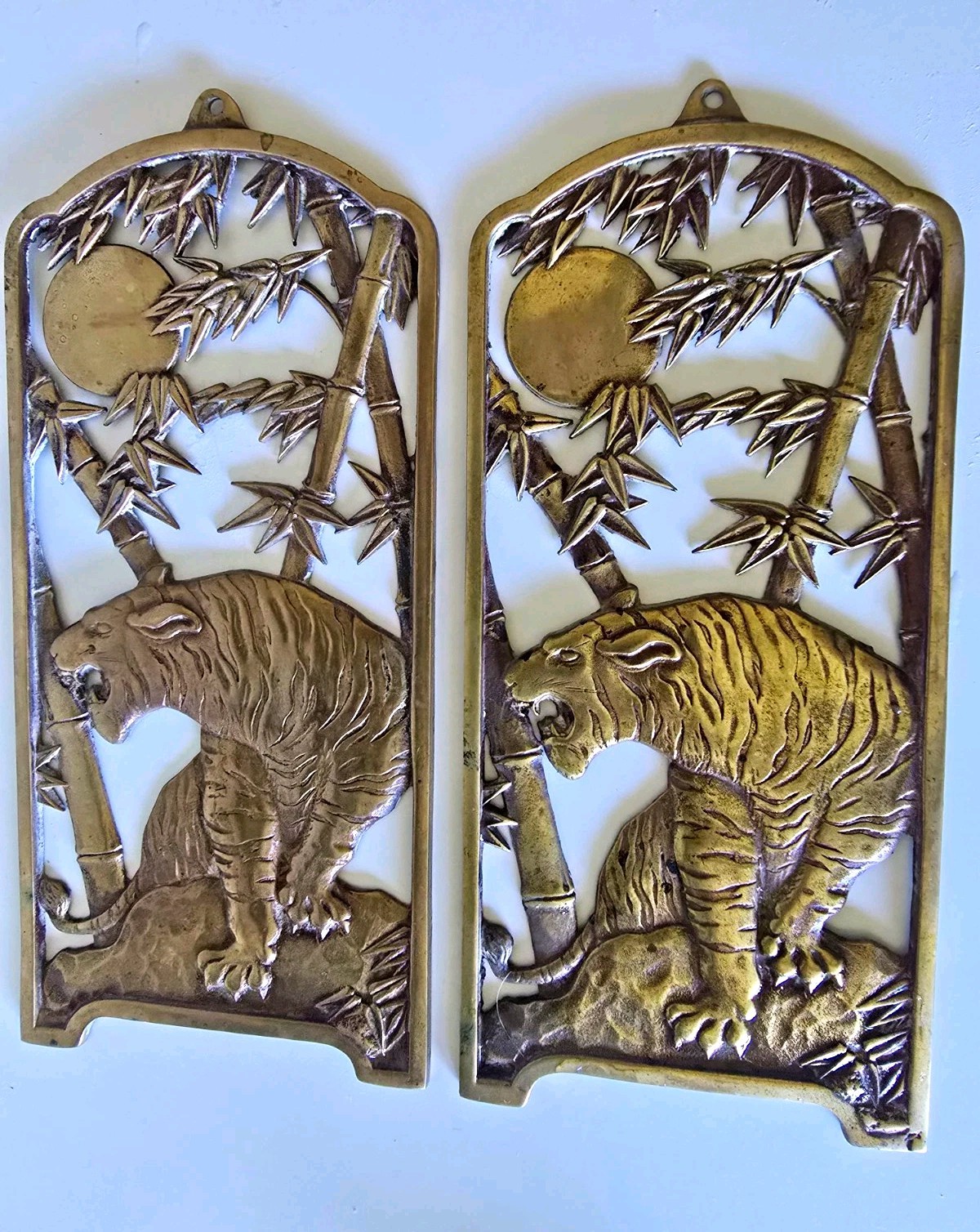 Pair Vintage Solid Brass Tiger Bamboo Moon Wall Plaques Asian Hanging 6x12 Pair Vintage Solid Brass Tiger Bamboo Moon Wall Plaques Asian Hanging 6x12
