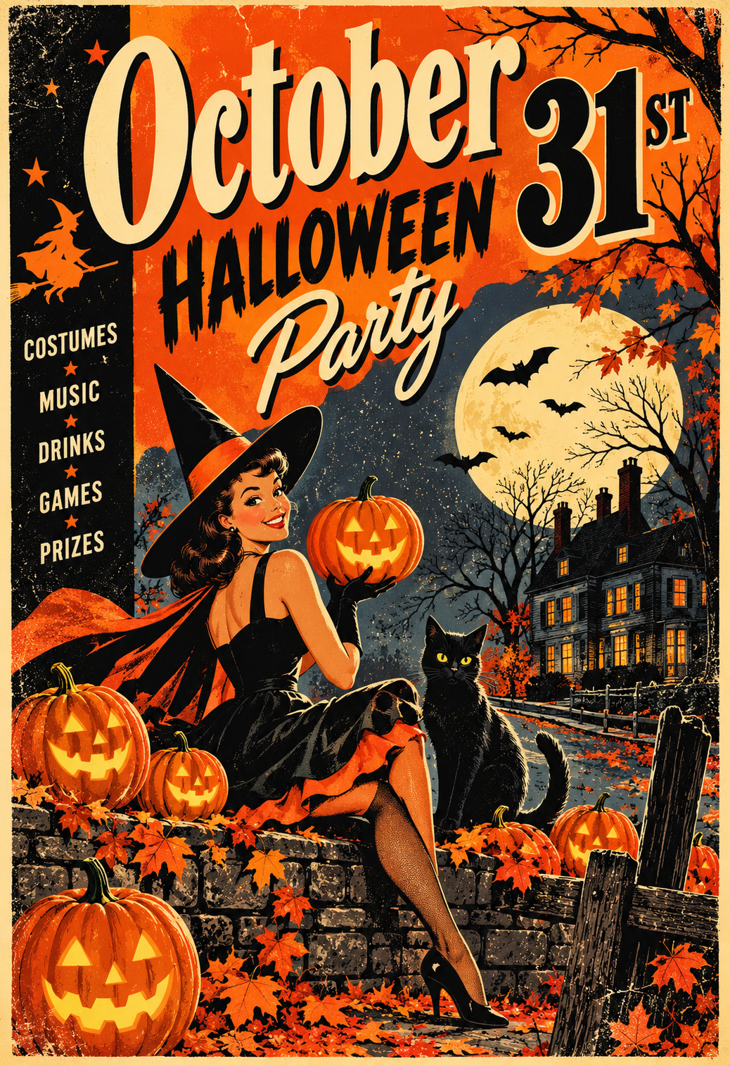 October 31st Halloween Party Vintage 1950s Witch Black Cat Art Poster 13x19