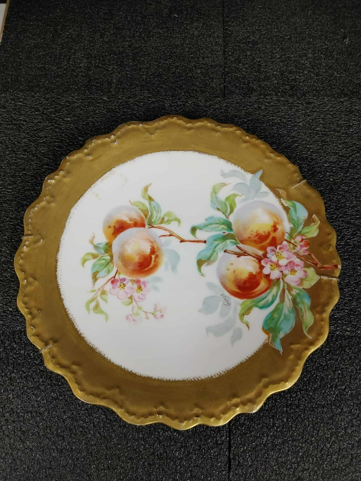 Antique Flambeau Limoges LDBC Gold Band Pink & Yellow Apple Plate Artist Signed Antique Flambeau Limoges LDBC Gold Band Pink & Yellow Apple Plate Artist Signed