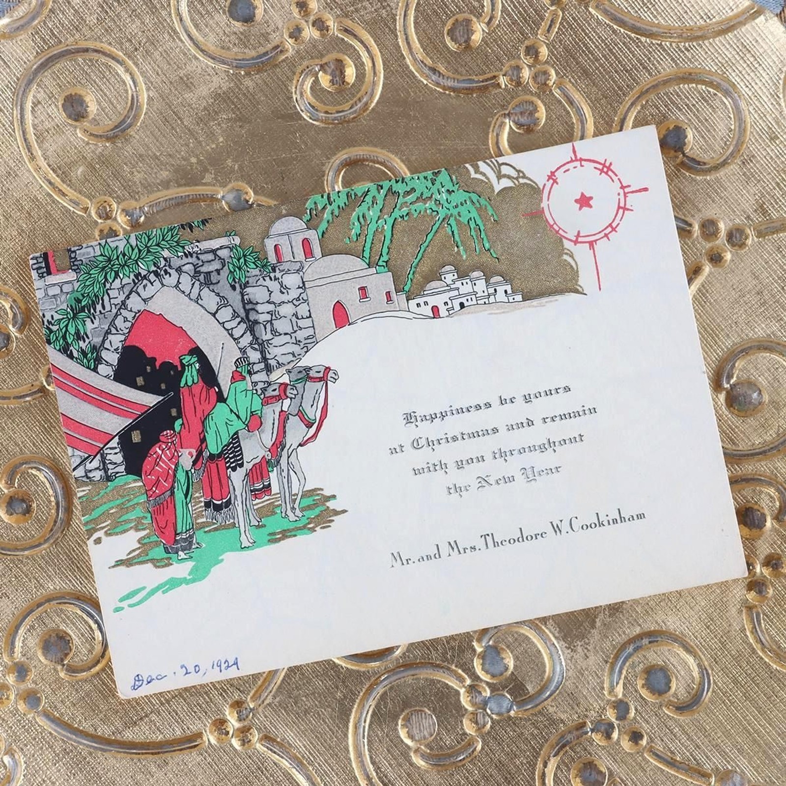 Antique 1924 Christmas Card, Gold Foil Holy Land Camels, VTG Religious Ephemera