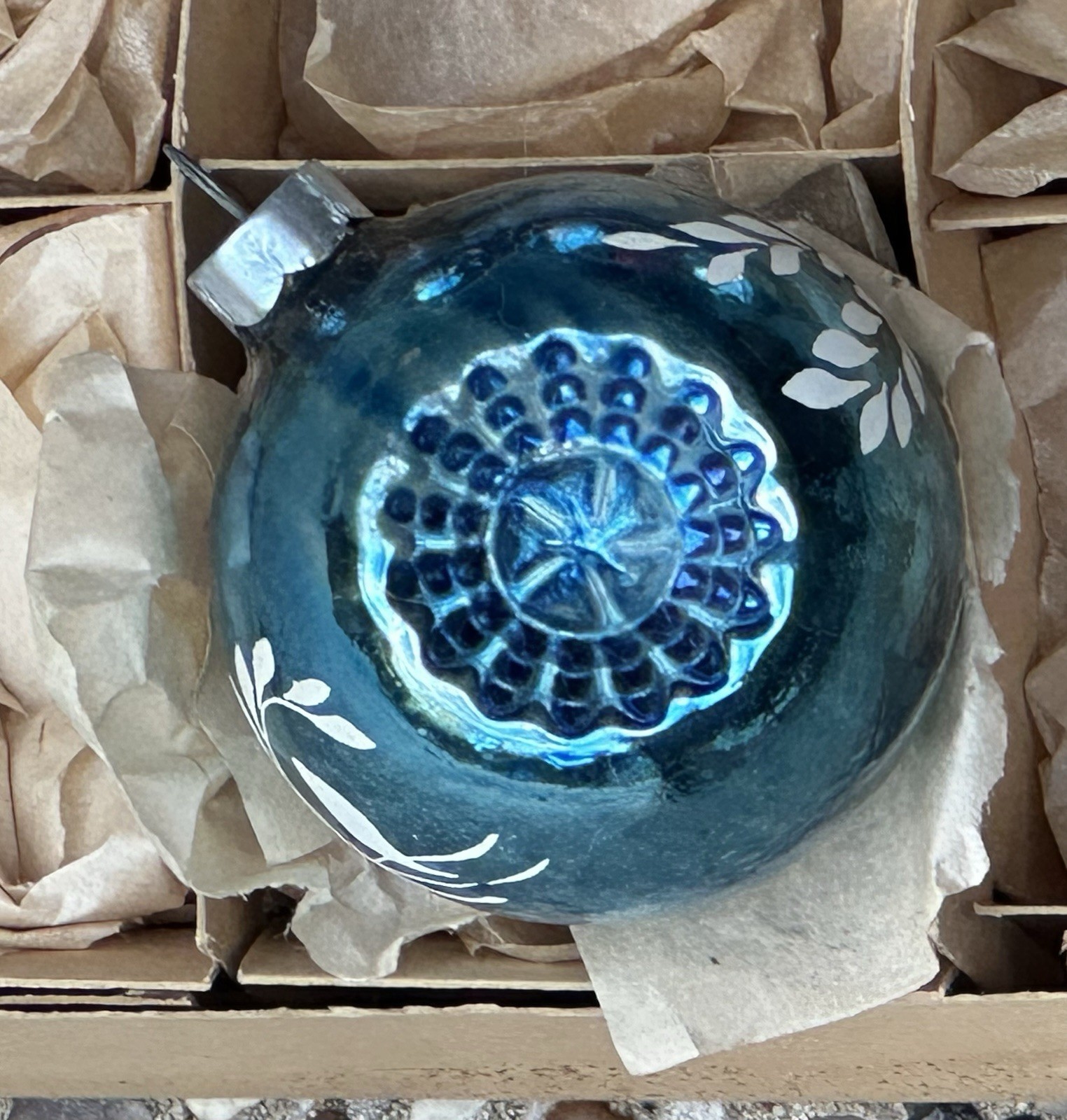 RARE Vintage Franke Blue Double Indent Stencil Glass Christmas Ornament RARE Vintage Franke Blue Double Indent Stencil Glass Christmas Ornament