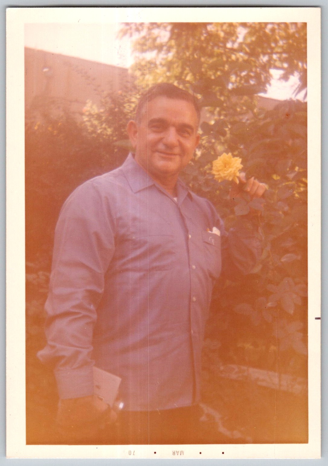 Vtg Color Snapshot Smiling Man in Blue Button Up Shirt Holding Yellow Rose 1970 Vtg Color Snapshot Smiling Man in Blue Button Up Shirt Holding Yellow Rose 1970