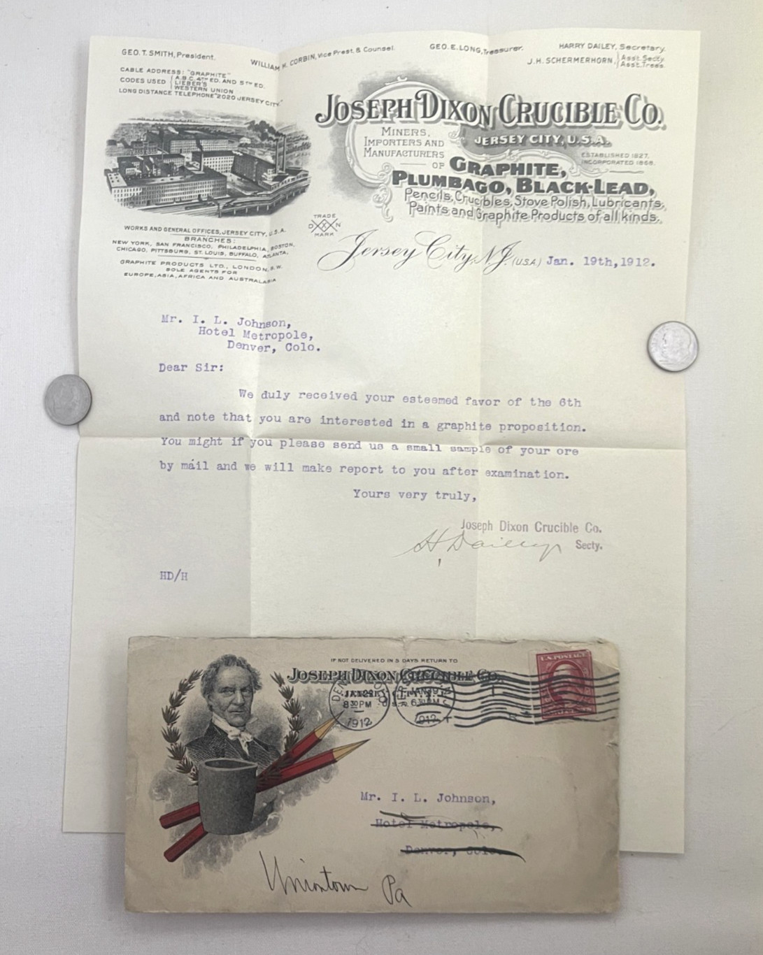 1912 Joseph Dixon Crucible Co - Granite Paints - Jersey City - Letter & Envelope 1912 Joseph Dixon Crucible Co - Granite Paints - Jersey City - Letter & Envelope