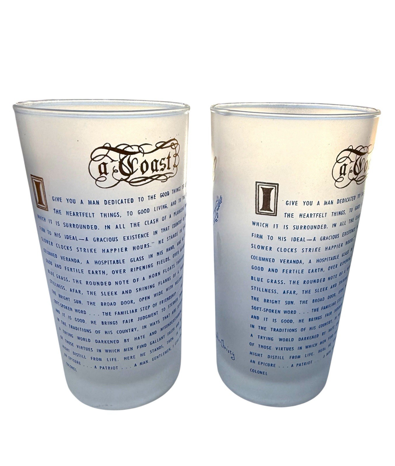 Vintage Howdy Colonel Howard Chandler Frosted Collins Bar Glass A TOAST Set Of 2 Vintage Howdy Colonel Howard Chandler Frosted Collins Bar Glass A TOAST Set Of 2
