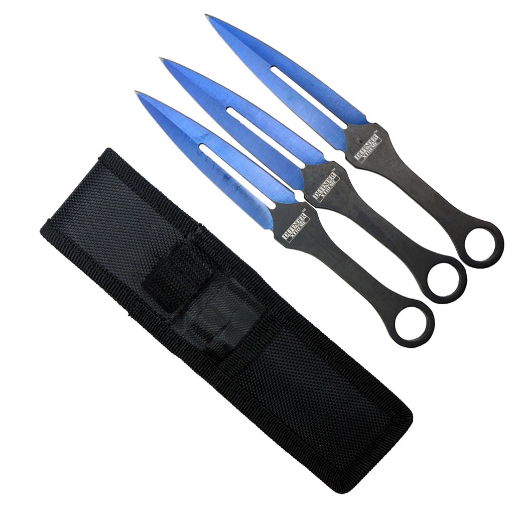 Defender-Xtreme 7"" Blue Color Blade 3 PC Throwing Knife Set With Nylon Pouch Defender-Xtreme 7"" Blue Color Blade 3 PC Throwing Knife Set With Nylon Pouch