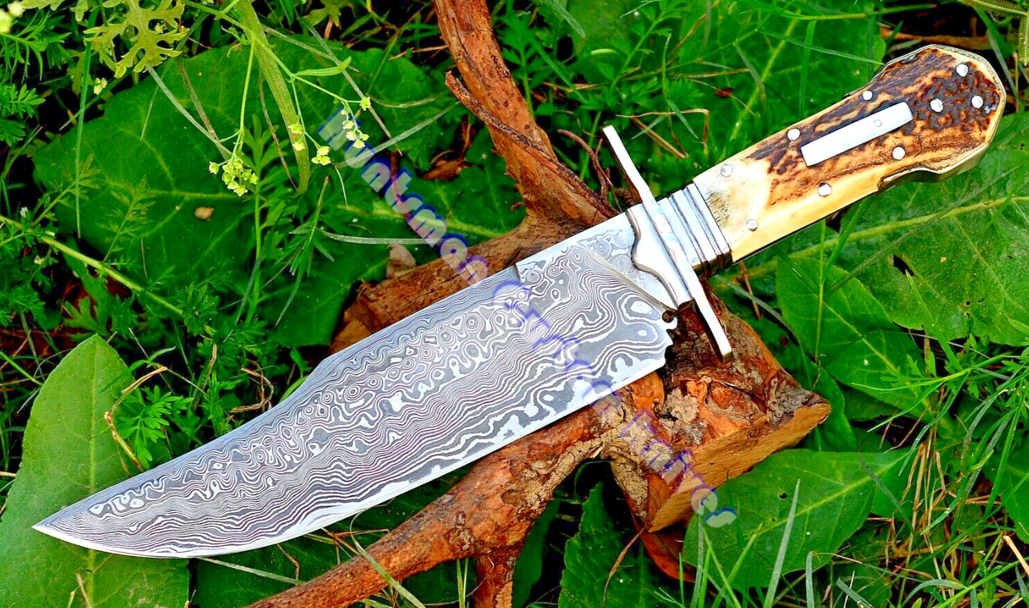 Custom-Made Hand Forged Damascus Steel DogBone BOWIE Replica In Stag Horn Handle