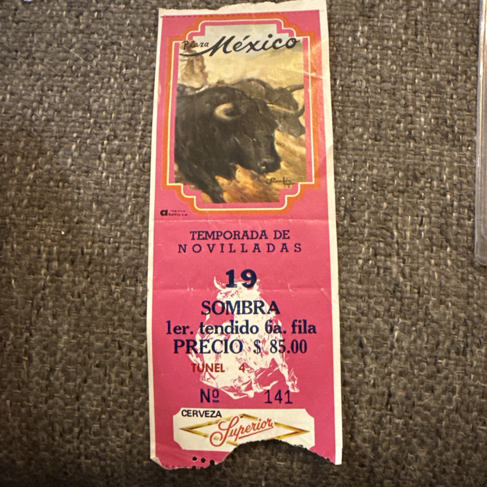 Vintage Plaza Mexico Bullfight Ticket Novilladas Cerveza Superior Advertising Vintage Plaza Mexico Bullfight Ticket Novilladas Cerveza Superior Advertising