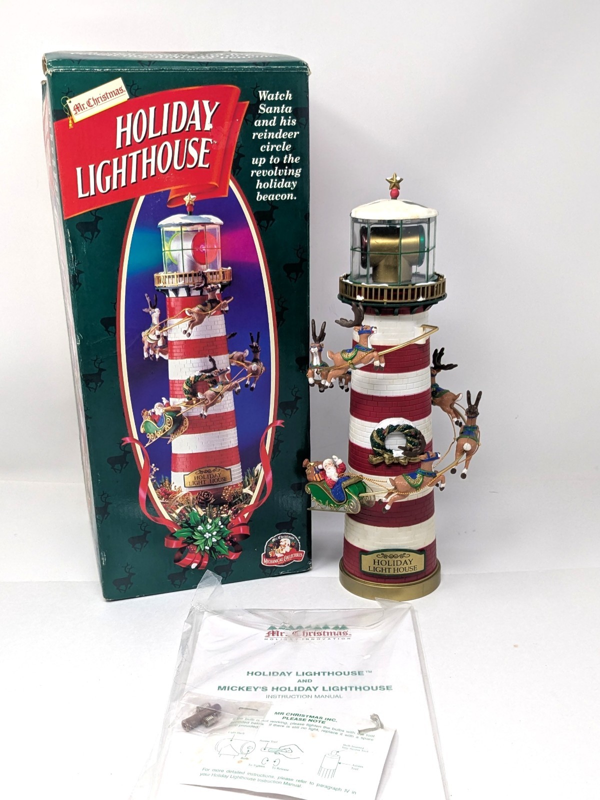 Vintage 1996 Mr Christmas Holiday Lighthouse Rotating Santa Reindeer Works w Box Vintage 1996 Mr Christmas Holiday Lighthouse Rotating Santa Reindeer Works w Box