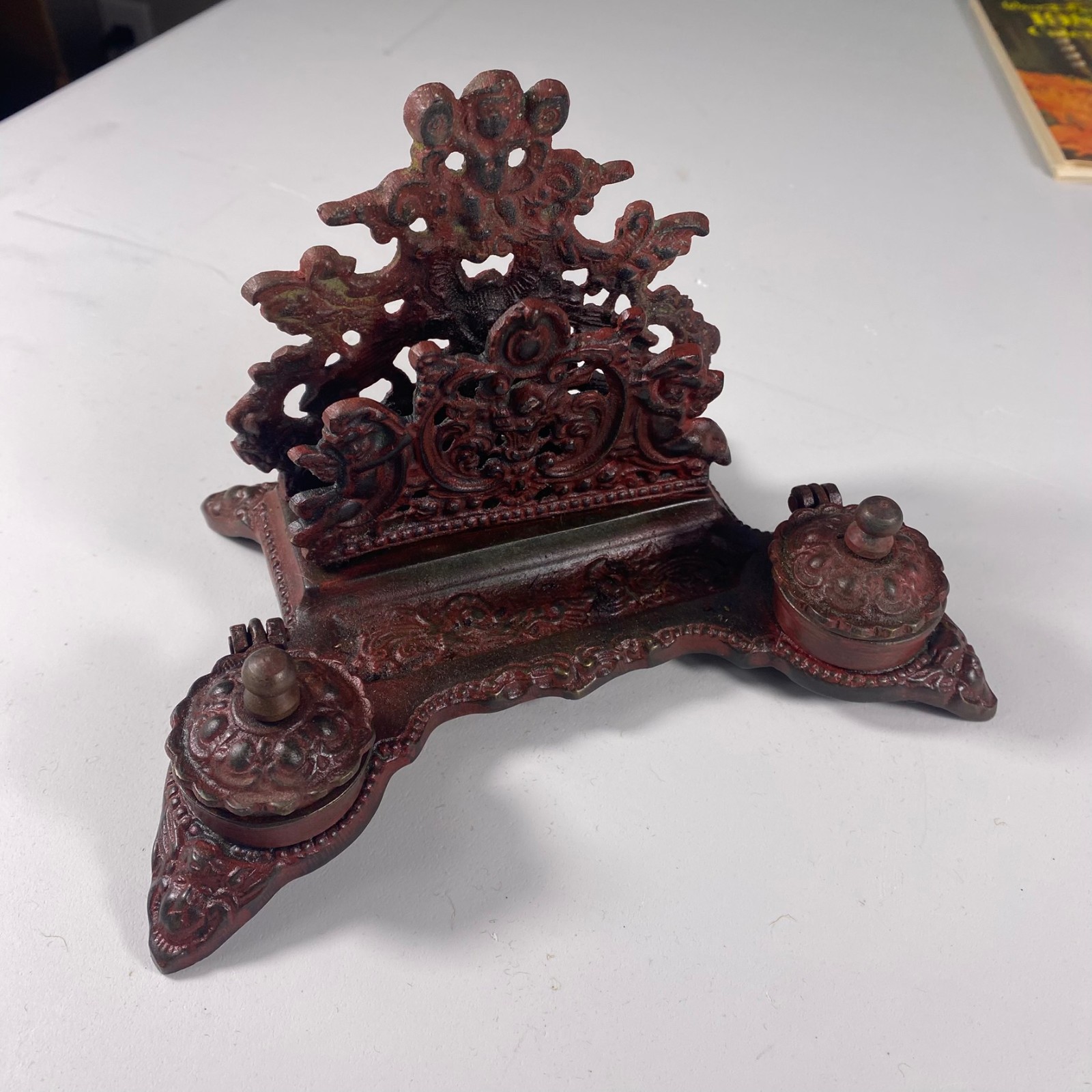 Antique Ornate Brass Double Inkwell Cherub Putti Letter Holder Victorian Desk Antique Ornate Brass Double Inkwell Cherub Putti Letter Holder Victorian Desk