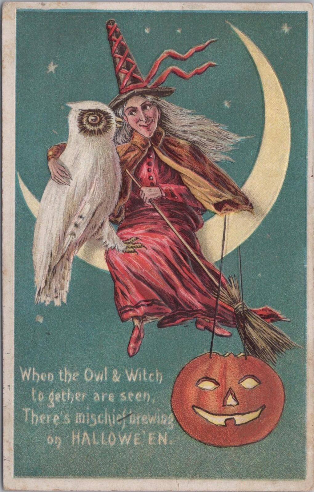 Antique Embossed Halloween Postcard- Witch Sits On Moon With Owl