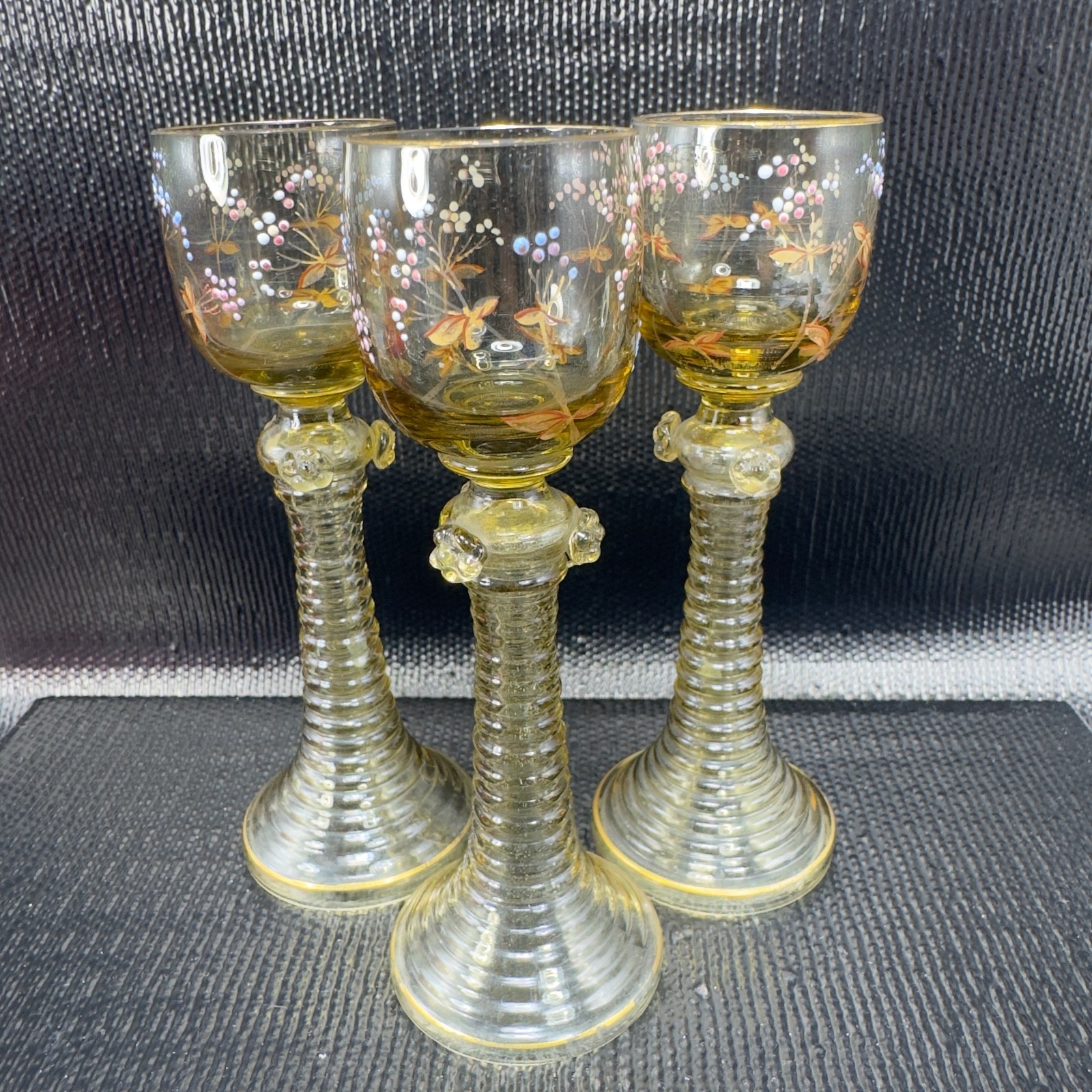 Antique Roemer Delicate Cups Glasses Enameled Textured Goblets Set 3 With Knobs Antique Roemer Delicate Cups Glasses Enameled Textured Goblets Set 3 With Knobs