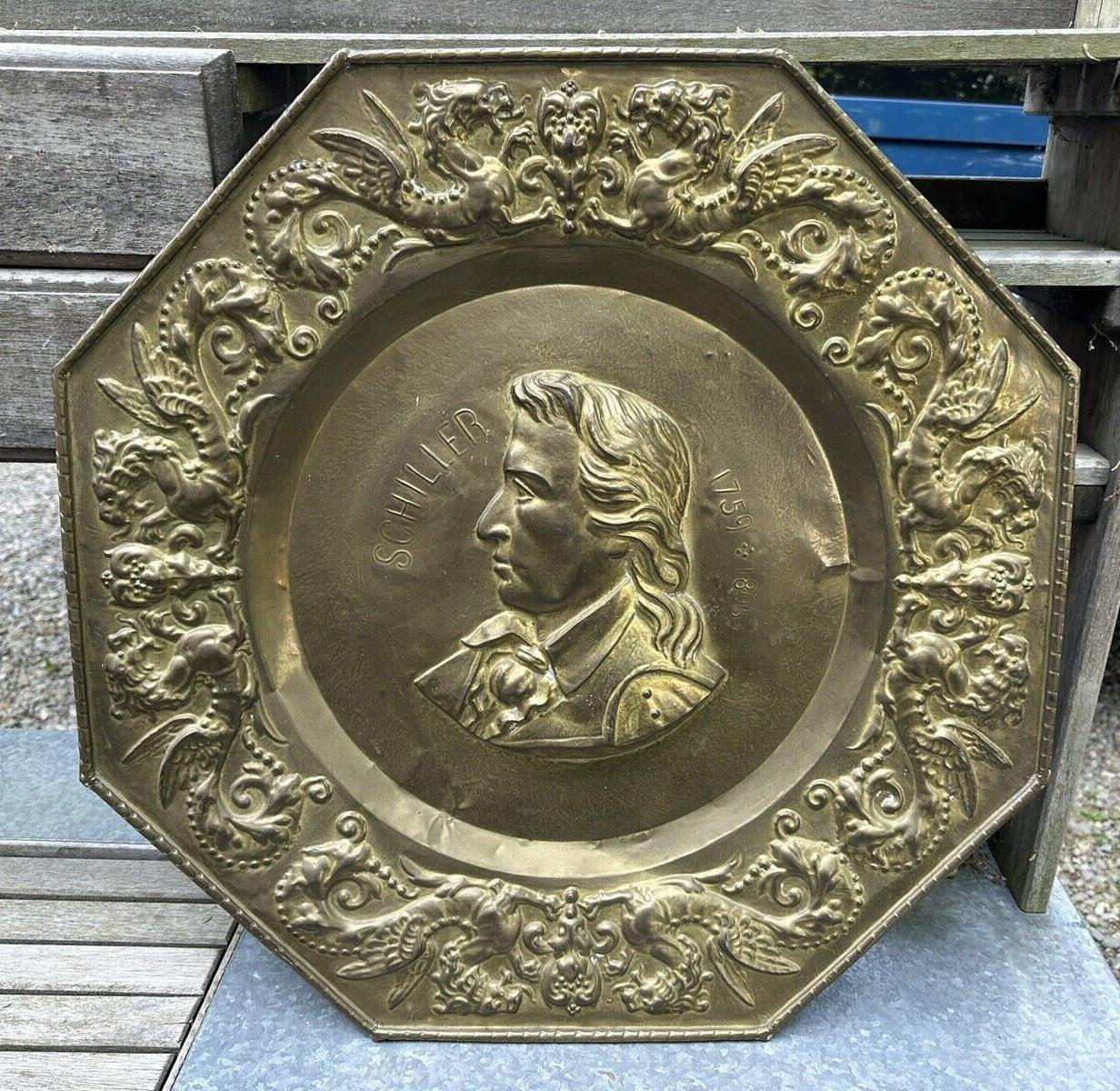 Antique Victorian Stamped Brass Repousse 23.25" Portrait Plaque of Schiller Antique Victorian Stamped Brass Repousse 23.25" Portrait Plaque of Schiller