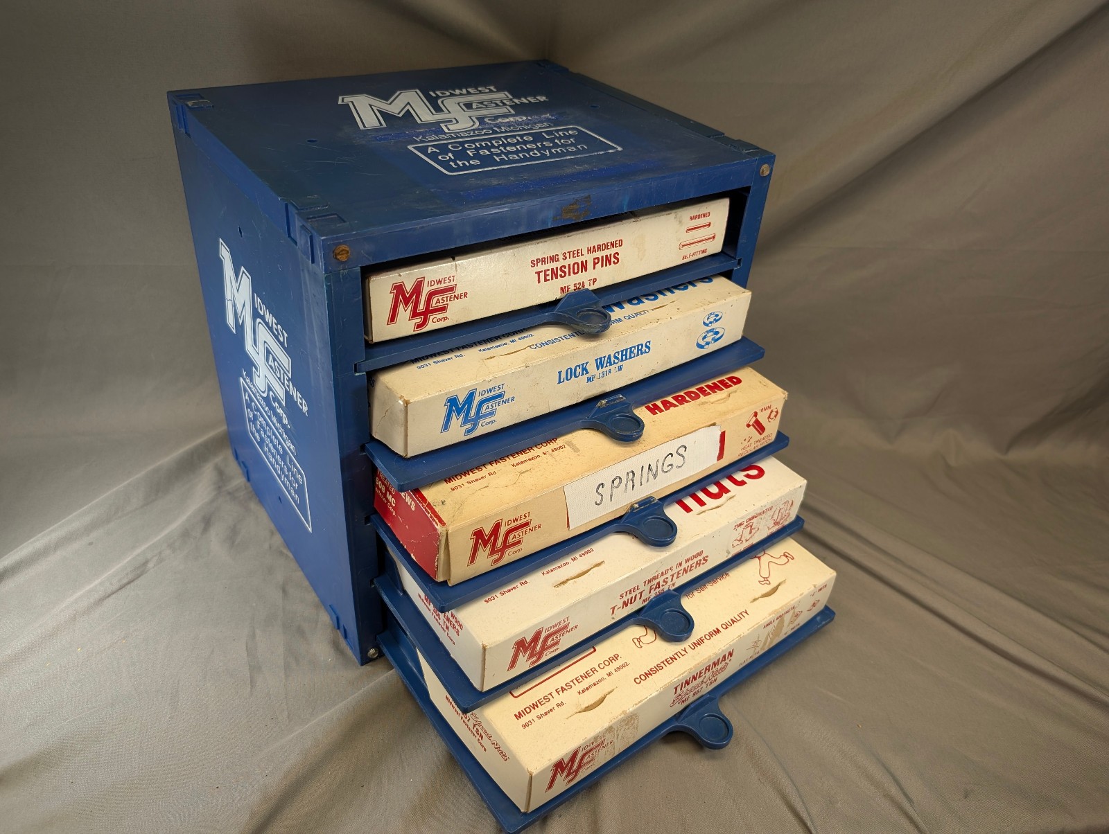 Vintage Midwest Fastener Cabinet 13"x13"x11" Plastic Advertising Plus Contents