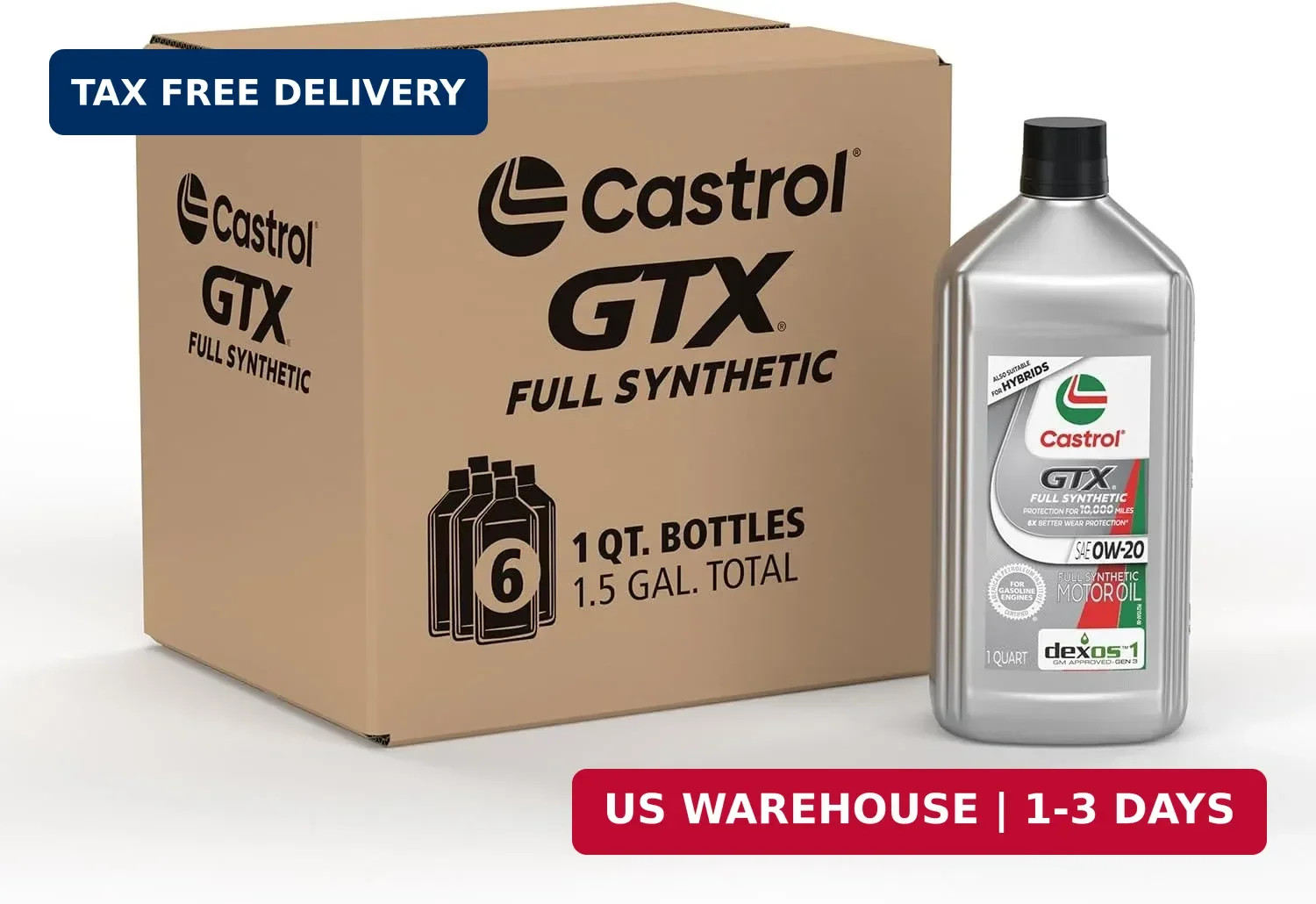 Castrol GTX Full Synthetic 0W-20 Motor Oil, 1 Quart, Pack of 6
