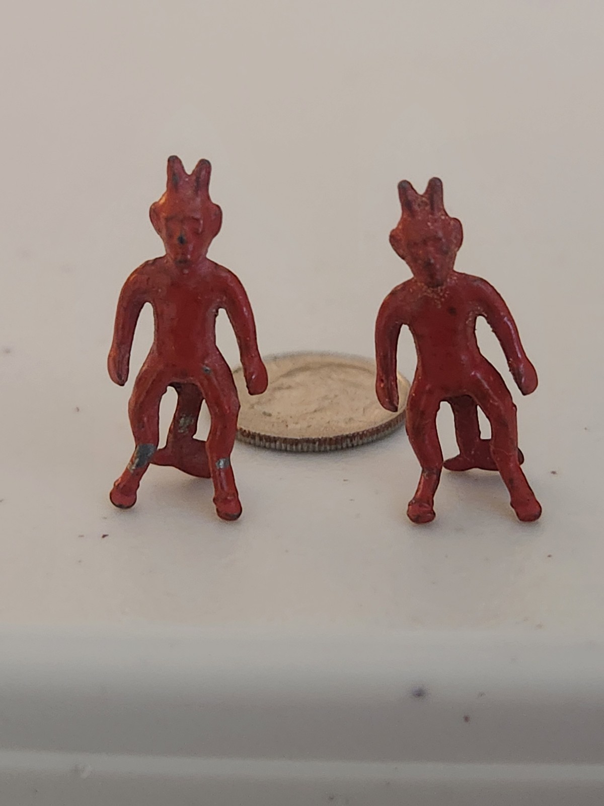 VTG RARE 1940s Stand Up Metal Devil Demon Halloween Cracker Jack Prize Set Of 2