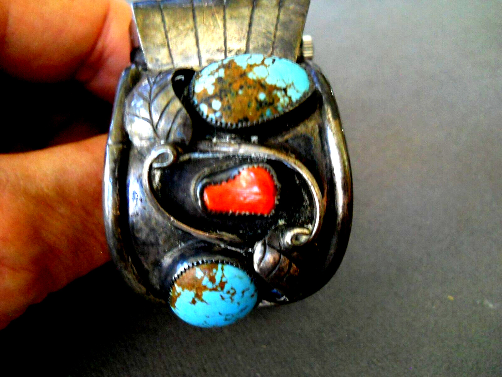 OLD Native American Royston Turquoise Coral Sterling Silver Cuff Watch Bracelet