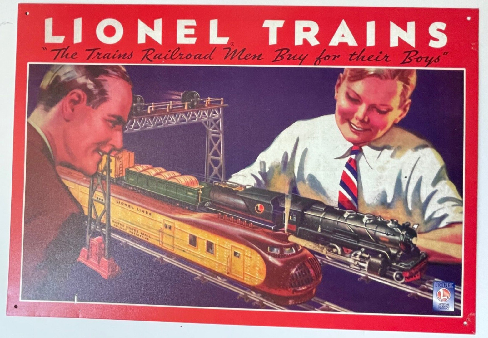 Lionel Trains Metal Sign "Men Buy for" Made in USA Licensed by Lionel 16"/11" Lionel Trains Metal Sign "Men Buy for" Made in USA Licensed by Lionel 16"/11"