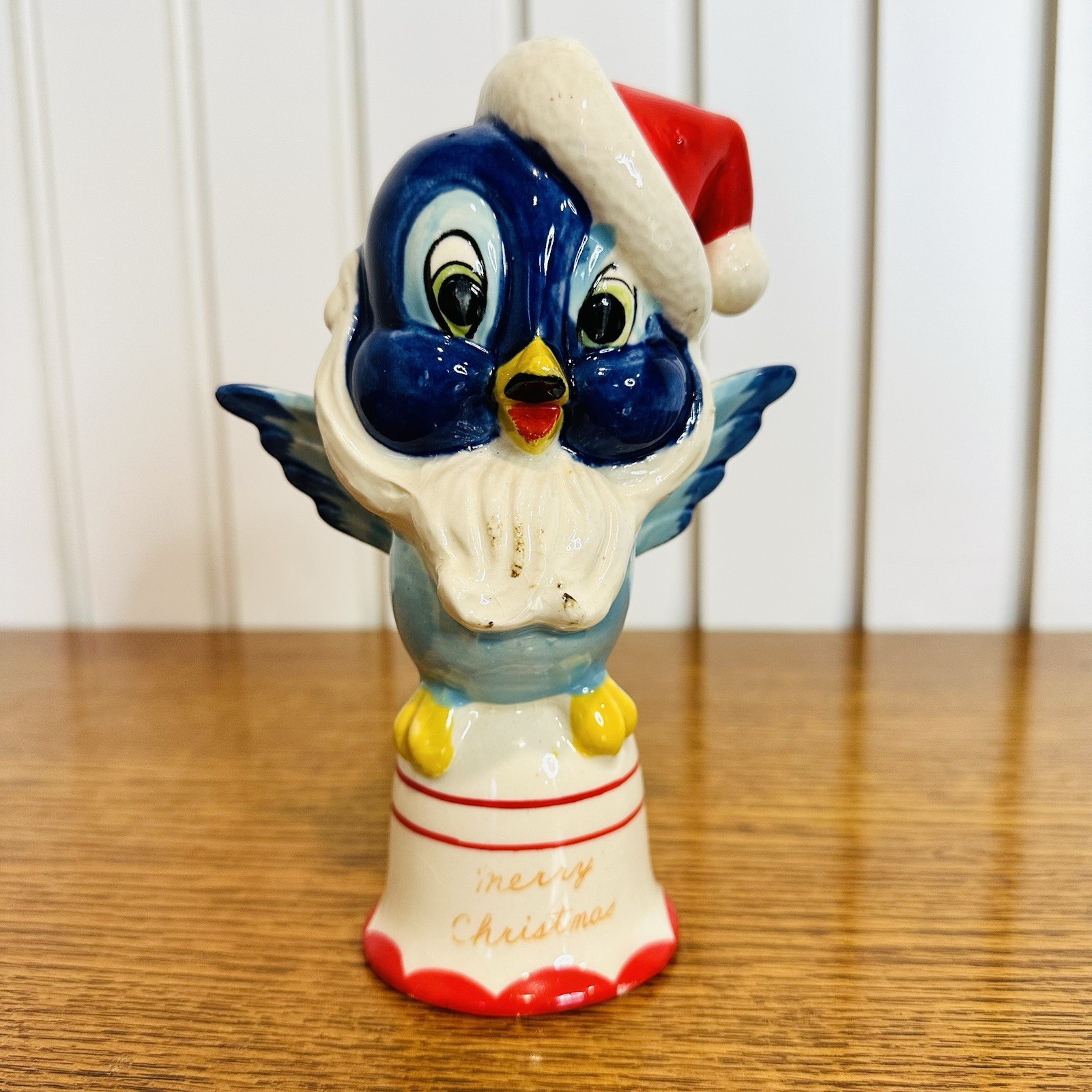 Vintage 1950's Kreiss Merry Christmas Blue Bird w Santa Hat & Beard Ceramic Bell Vintage 1950's Kreiss Merry Christmas Blue Bird w Santa Hat & Beard Ceramic Bell