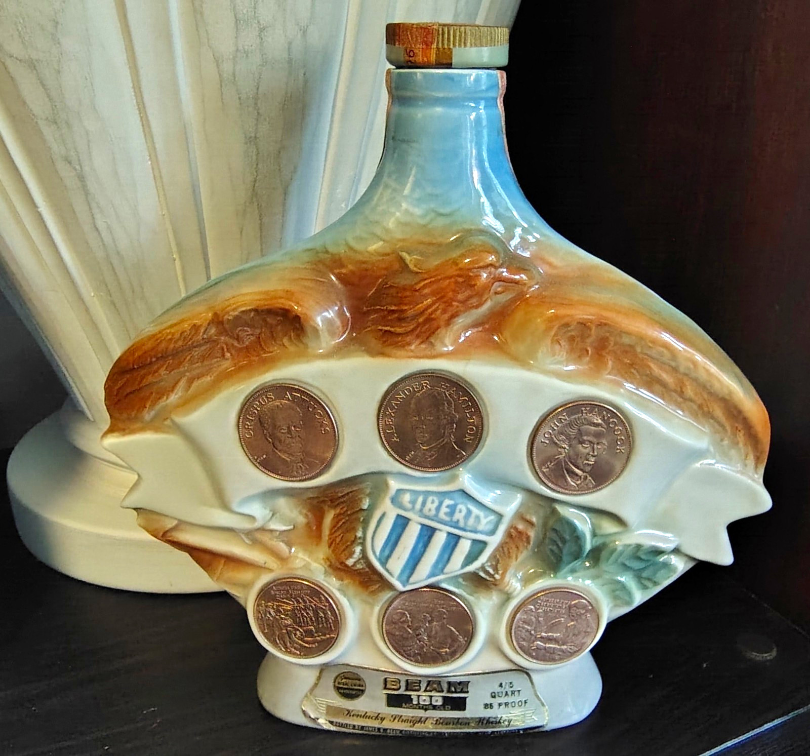 1970 Jim Beam Liberty Coin Decanter Regal China 6 Medallions Empty w/ Stopper
