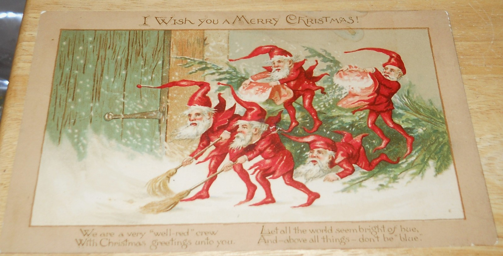 Santa's Bright Red Elves Sweep Up Snow-Victorian PRANG Christmas Card