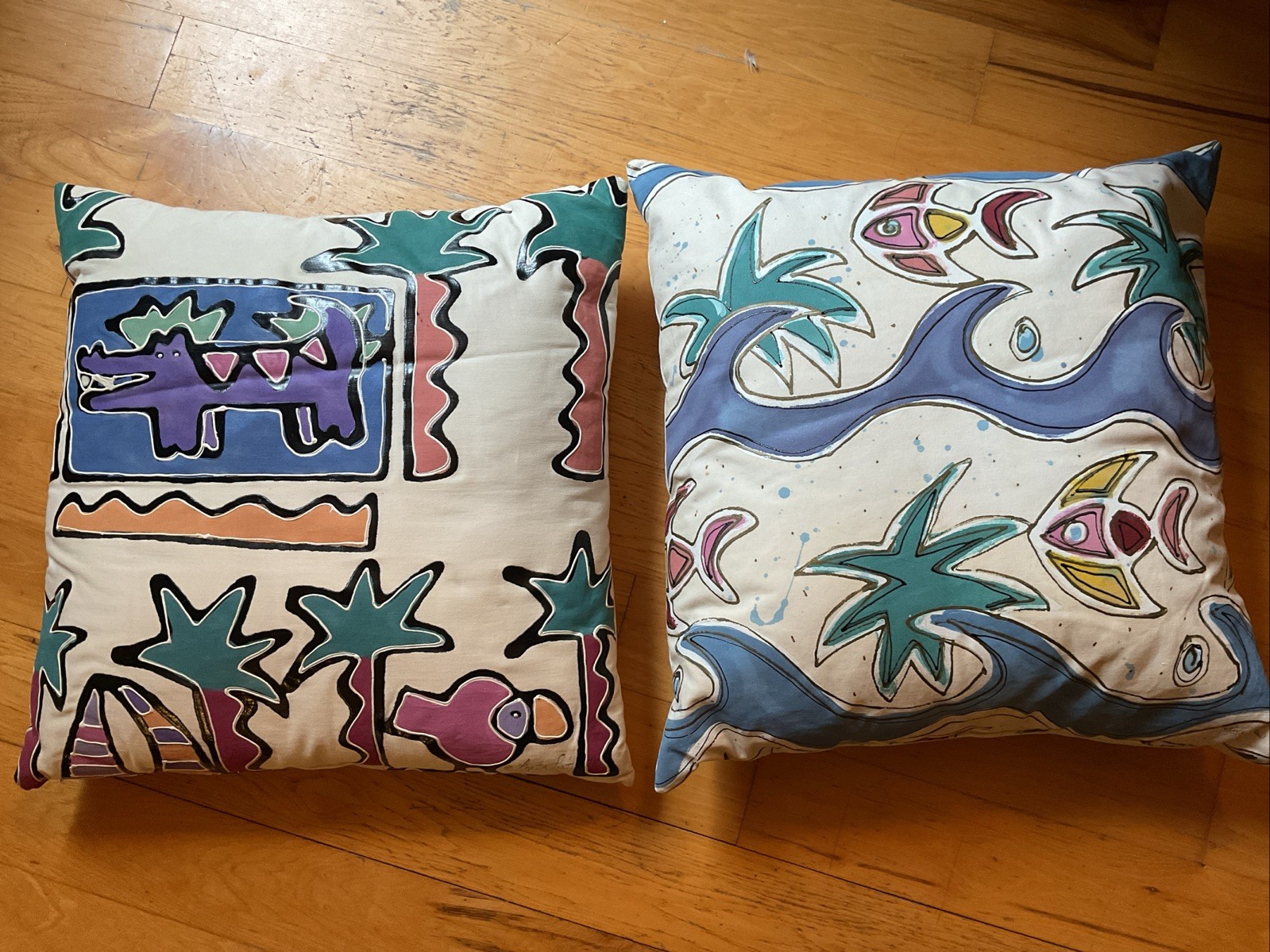 Vintage 1990’s Artist Made Hand painted Nautical Pillows Beach House Funky 20” 