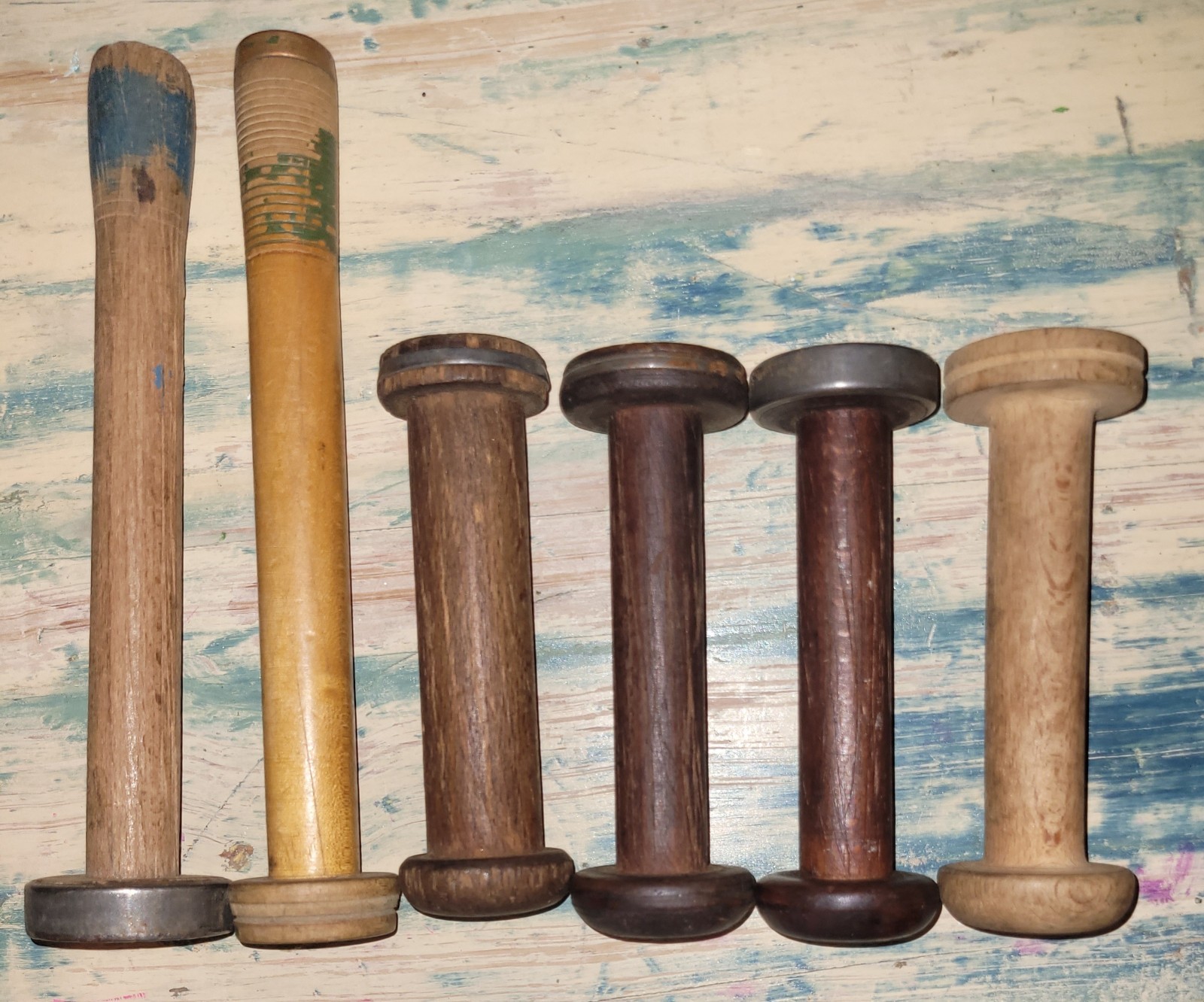 6 Antique Wooden Textile Mill Bobbins Quills Pirns Spindles Spools Primitive 