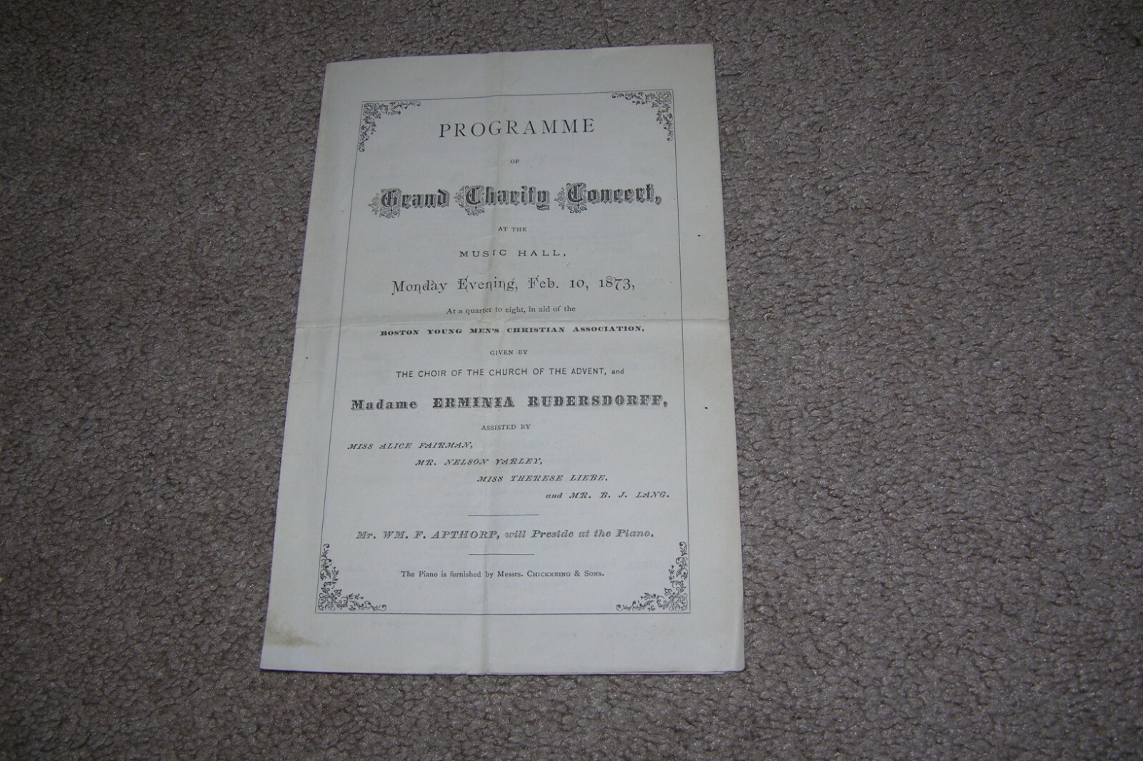 1873 Program Concert Erminia Rudersdorff Boston MA Music Hall 1873 Program Concert Erminia Rudersdorff Boston MA Music Hall