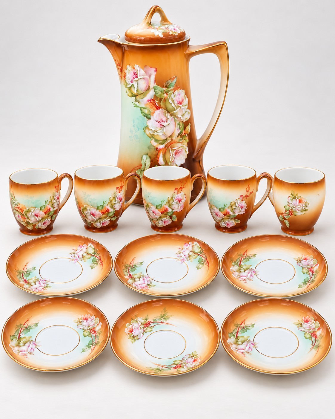 Antique M&Z Austria 12 Pc Chocolate Coffee Set Hand Painted Roses Gold Trim Antique M&Z Austria 12 Pc Chocolate Coffee Set Hand Painted Roses Gold Trim
