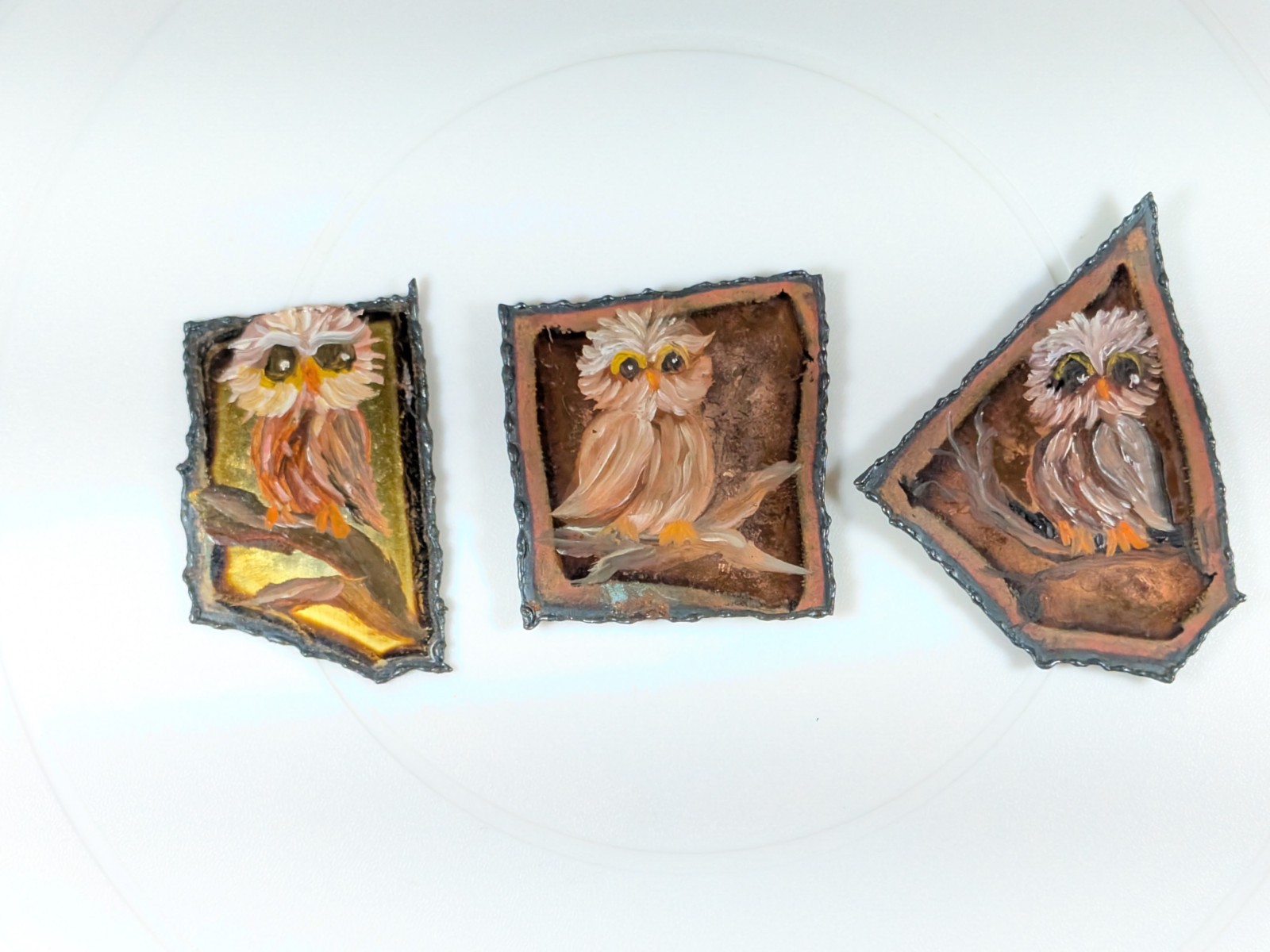 Set Of 3 Vintage Hand-Painted Metal Owl Magnets Set Of 3 Vintage Hand-Painted Metal Owl Magnets
