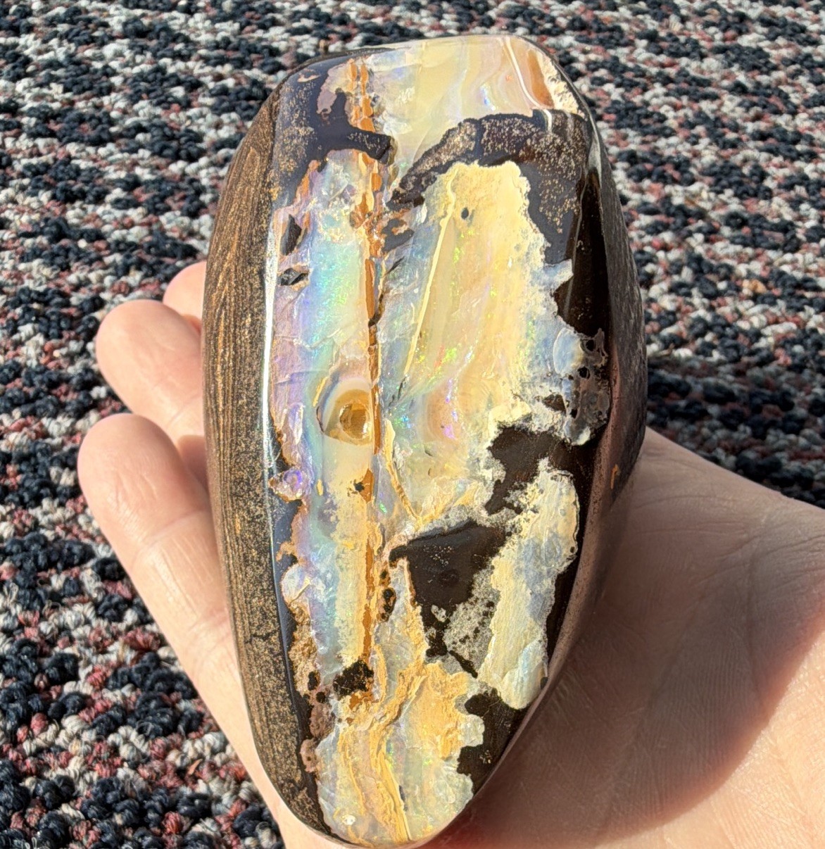 Polished Boulder Opal Display Piece w/ Iridescent Mountain Range Seam Polished Boulder Opal Display Piece w/ Iridescent Mountain Range Seam