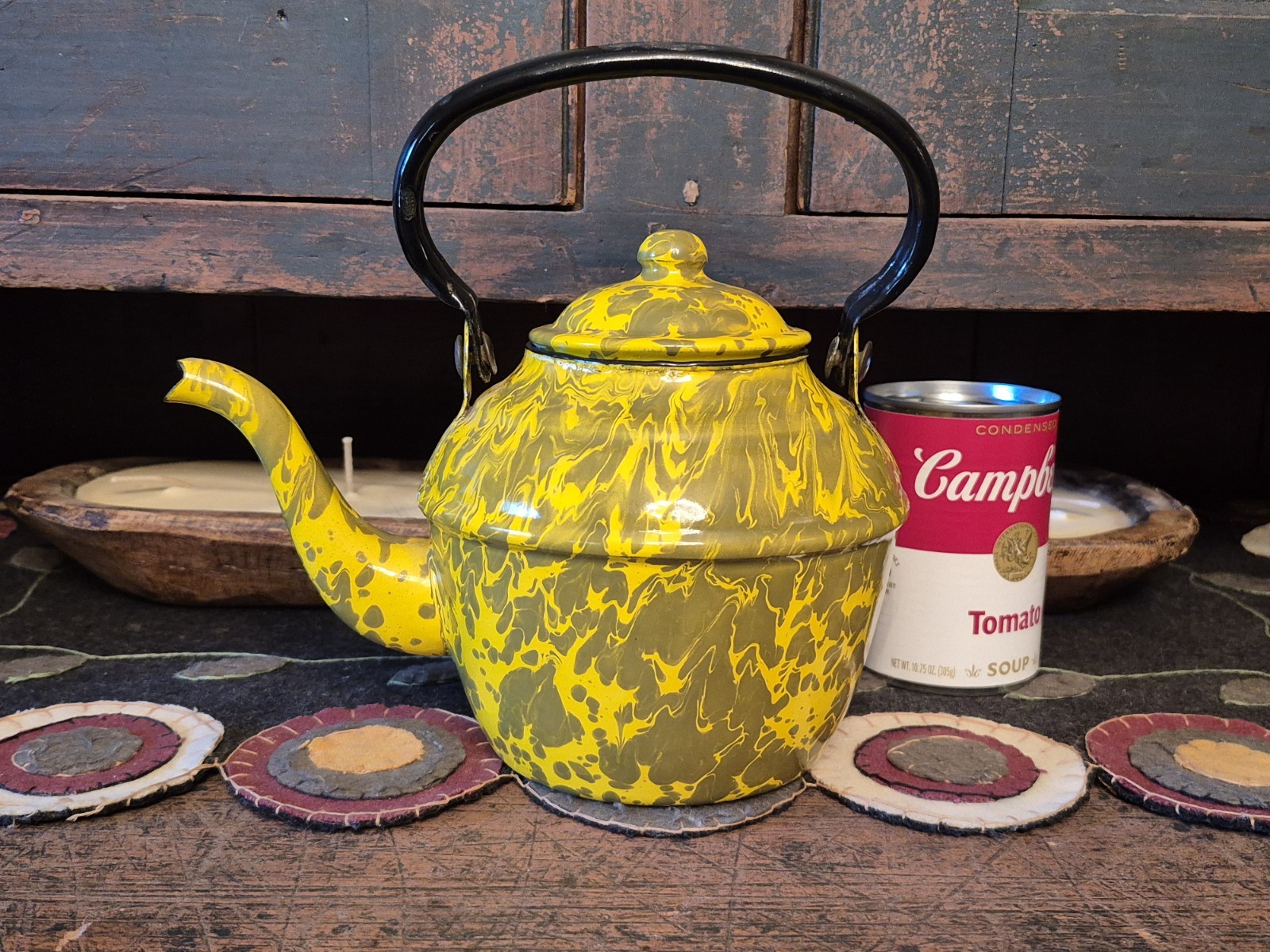 BEAUTIFUL Vintage Graniteware GOOSENECK Teapot Kettle YELLOW & GREEN Swirl