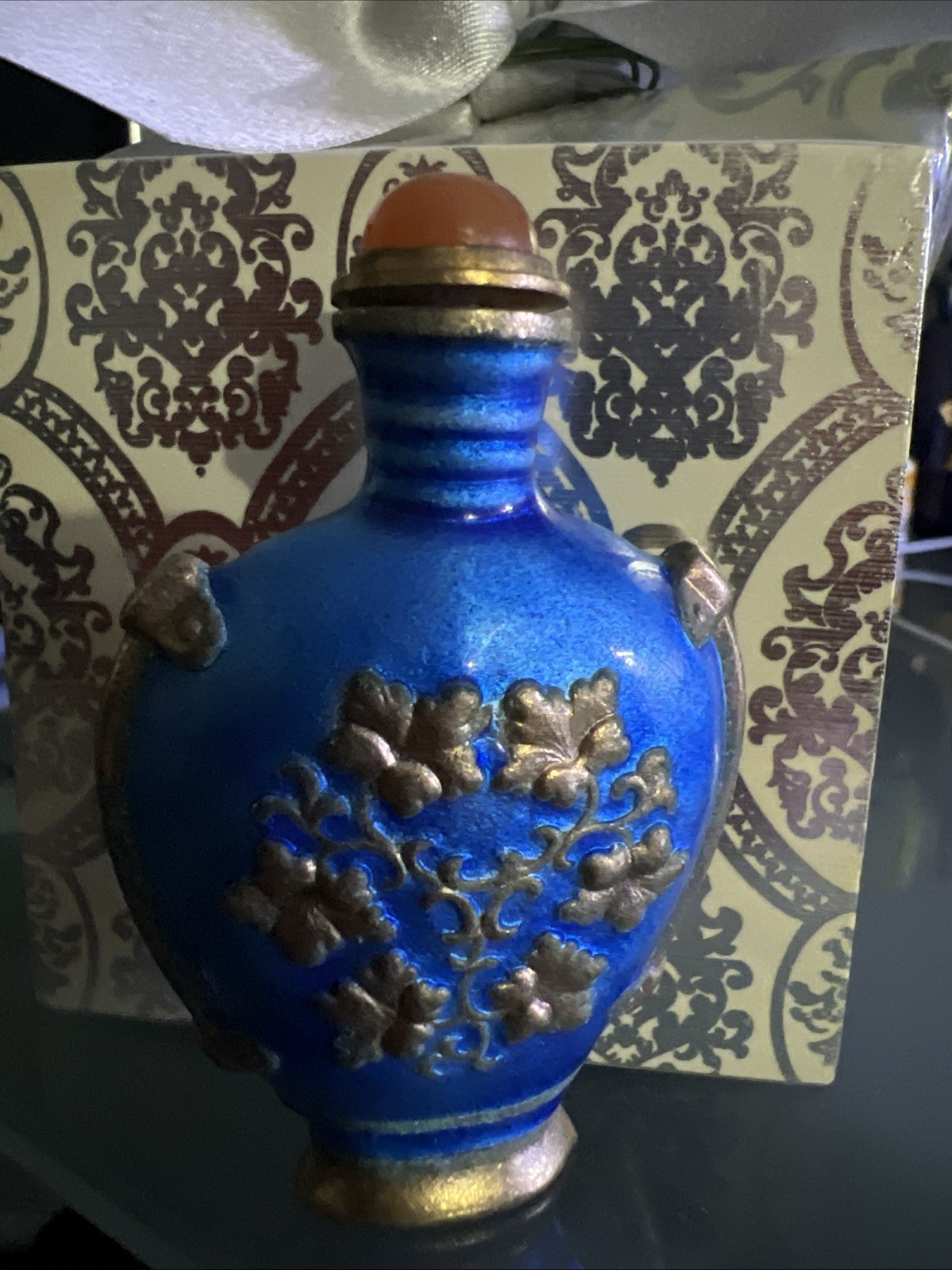 Antique Enameled Brass Parfume Bottle Cobalt Blue with Flowers Antique Enameled Brass Parfume Bottle Cobalt Blue with Flowers