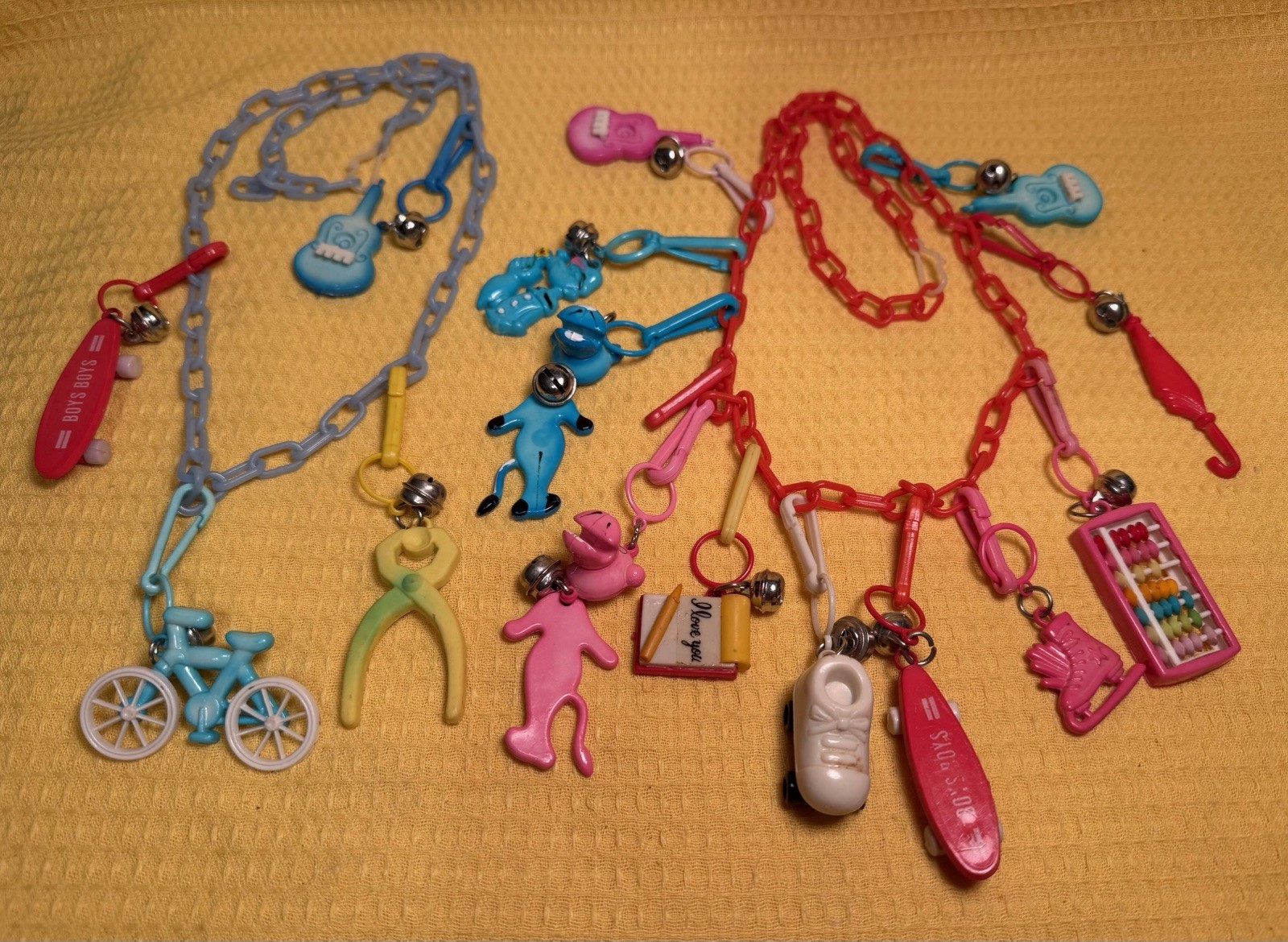 Vintage 1980s Plastic Bell Charm Necklace Lot 15 Clip-On Charms 2 Chains Retro Vintage 1980s Plastic Bell Charm Necklace Lot 15 Clip-On Charms 2 Chains Retro
