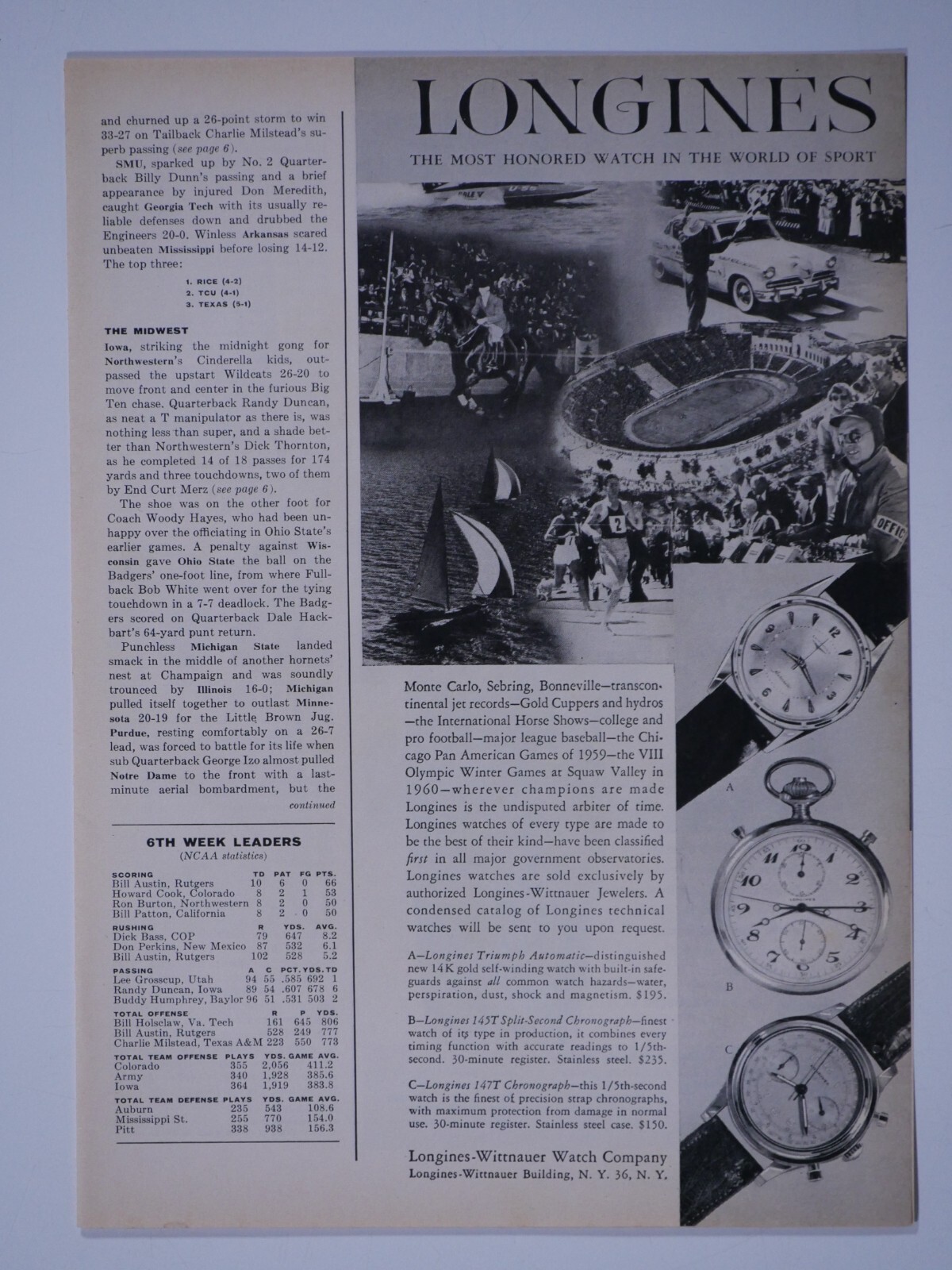 Longines Vintage 1958 Most Honored In The World 3/4p Original Print Ad 8.5 x 11"