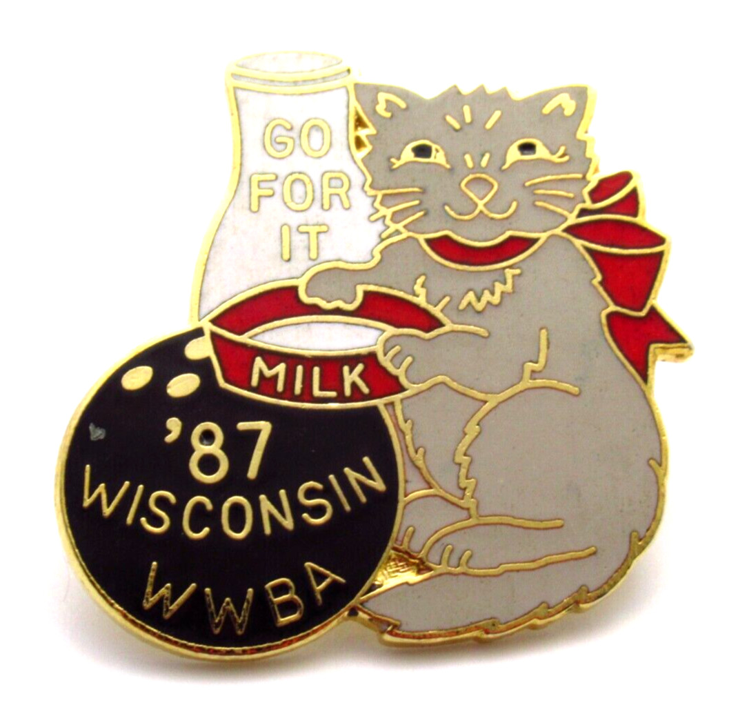 Vintage 1987 Wisconsin WWBA Lapel Pin Go For It Cat Milk Bowling Ball Gold Tone Vintage 1987 Wisconsin WWBA Lapel Pin Go For It Cat Milk Bowling Ball Gold Tone