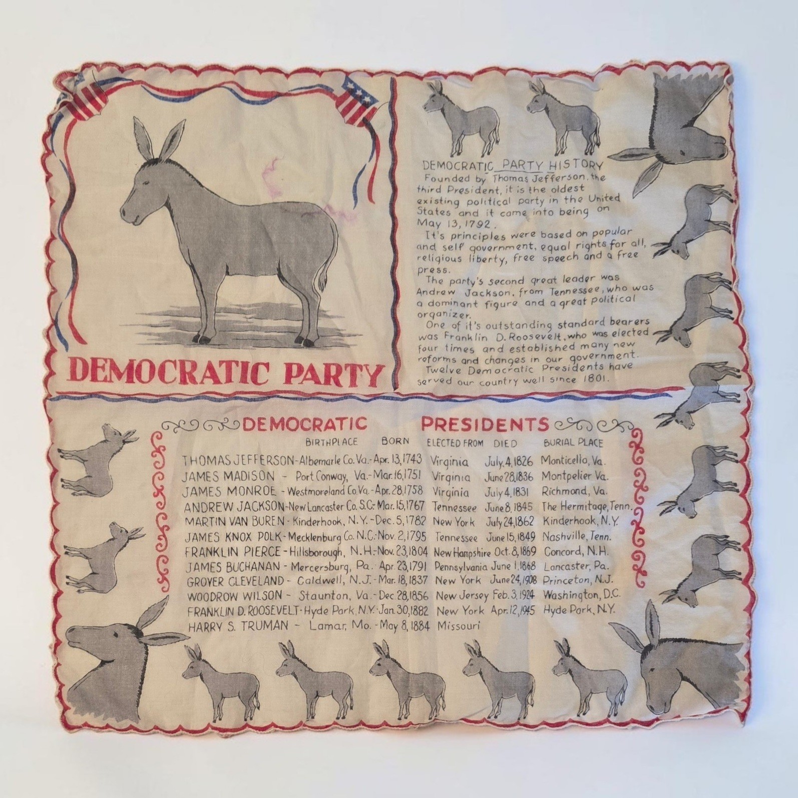 Vintage 1940s Democratic Party Hankerchief Donkey Presidential History Truman