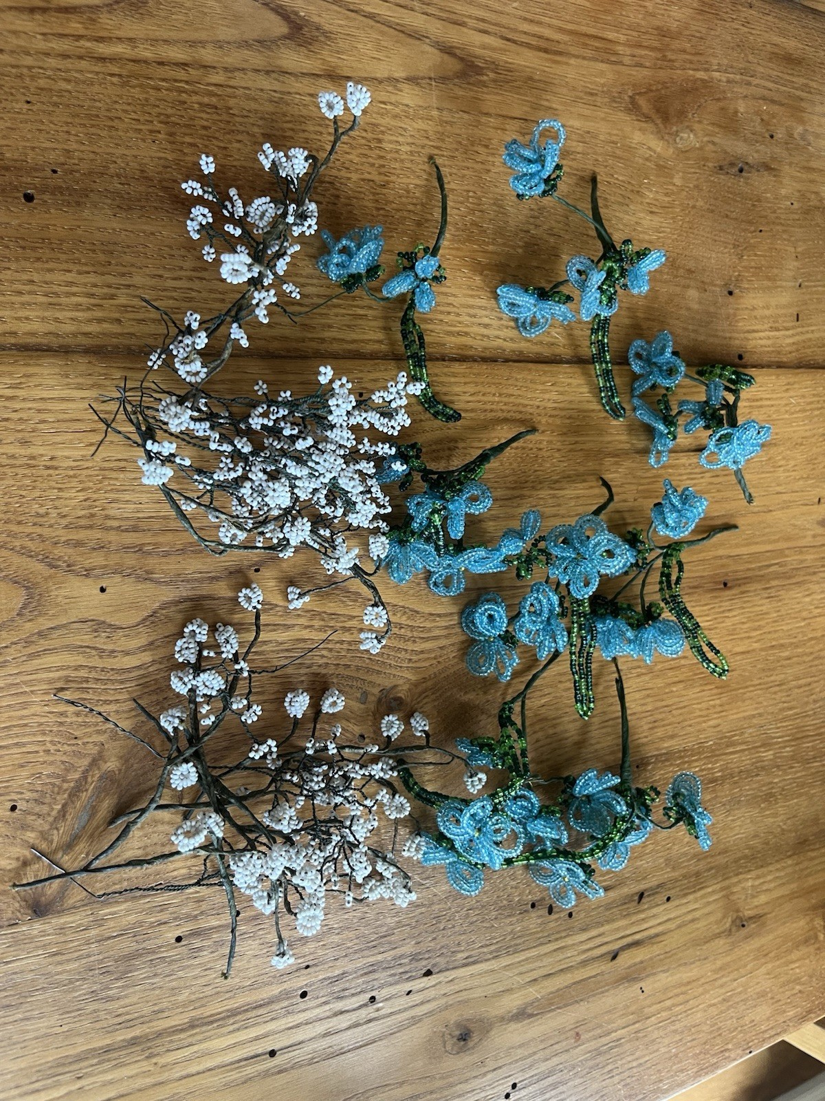 Bunches GORGEOUS OLD Vintage French WHITE & BLUE GLASS BEADED FLOWERS on Stems