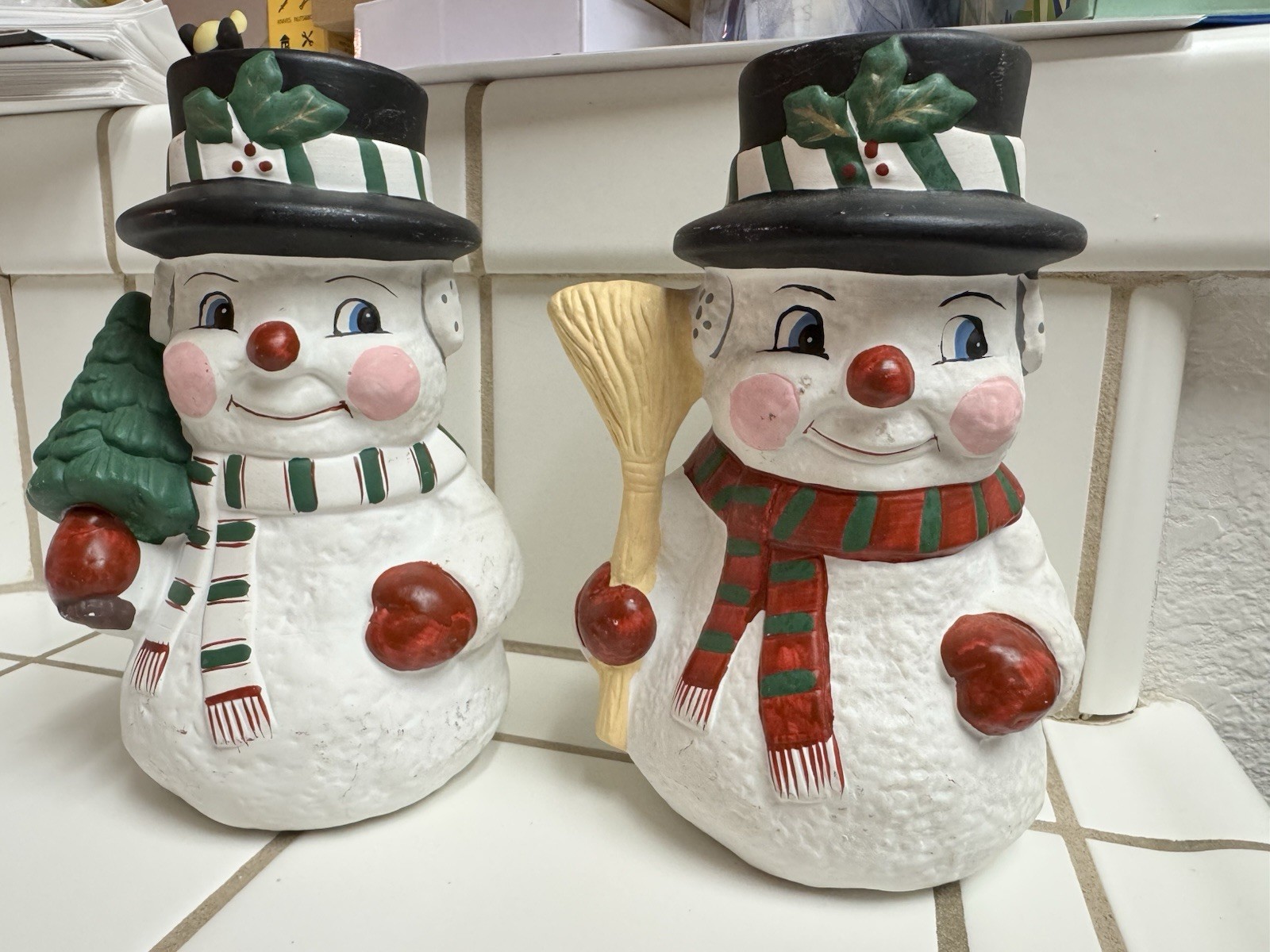 Vintage Ceramic Snowman Pair Hand Painted Holiday Decor Tree & Broom 8” tall