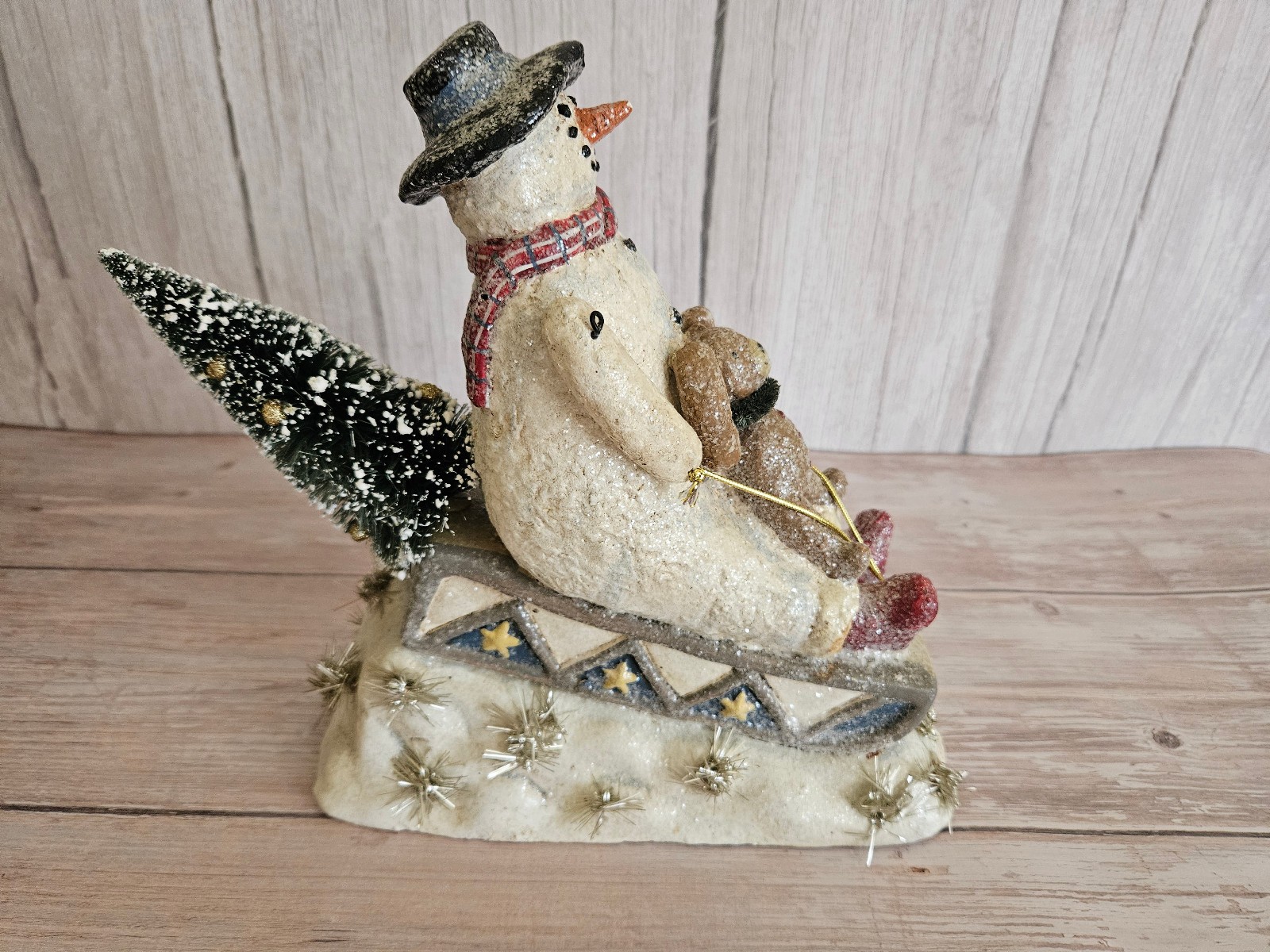 Vintage Cody Foster CJF Primitive Snowman on Sled with Teddy Bear Vintage Cody Foster CJF Primitive Snowman on Sled with Teddy Bear