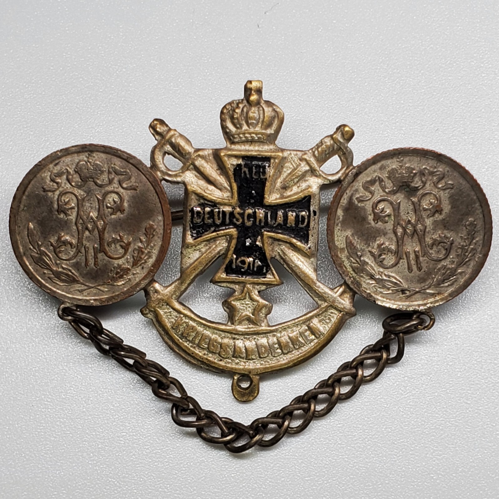 Original WW1 German Patriotic Coin Brooch Treu Deutschland 1914 Kriegsandenken