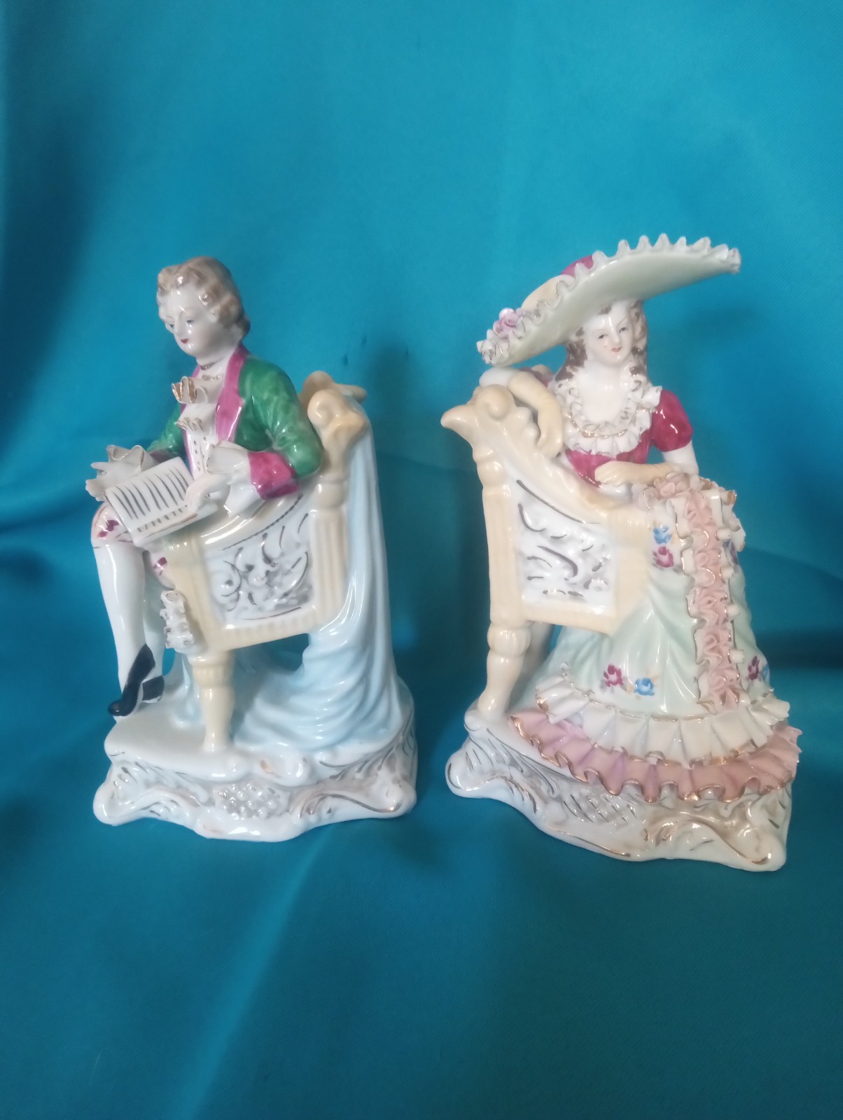 A Pair Vintage Antique German Porcelain Figurines of a Young Couple with Chairs A Pair Vintage Antique German Porcelain Figurines of a Young Couple with Chairs